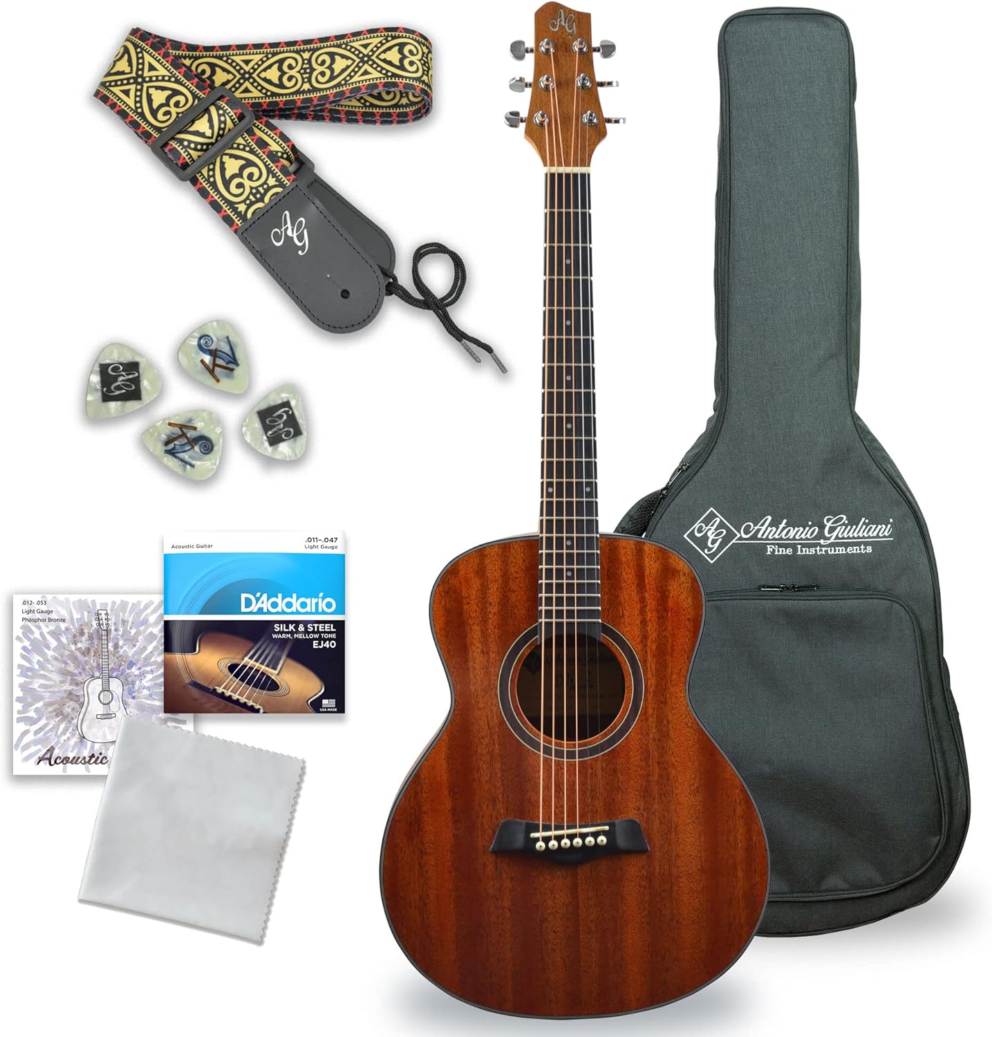 Antonio Giuliani (Clear) Acoustic Guitar Bundle - Mini Jumbo Short-Scale (DN-2P) - Dreadnought Travel Guitar with Case, Strap, Strings and Accessories