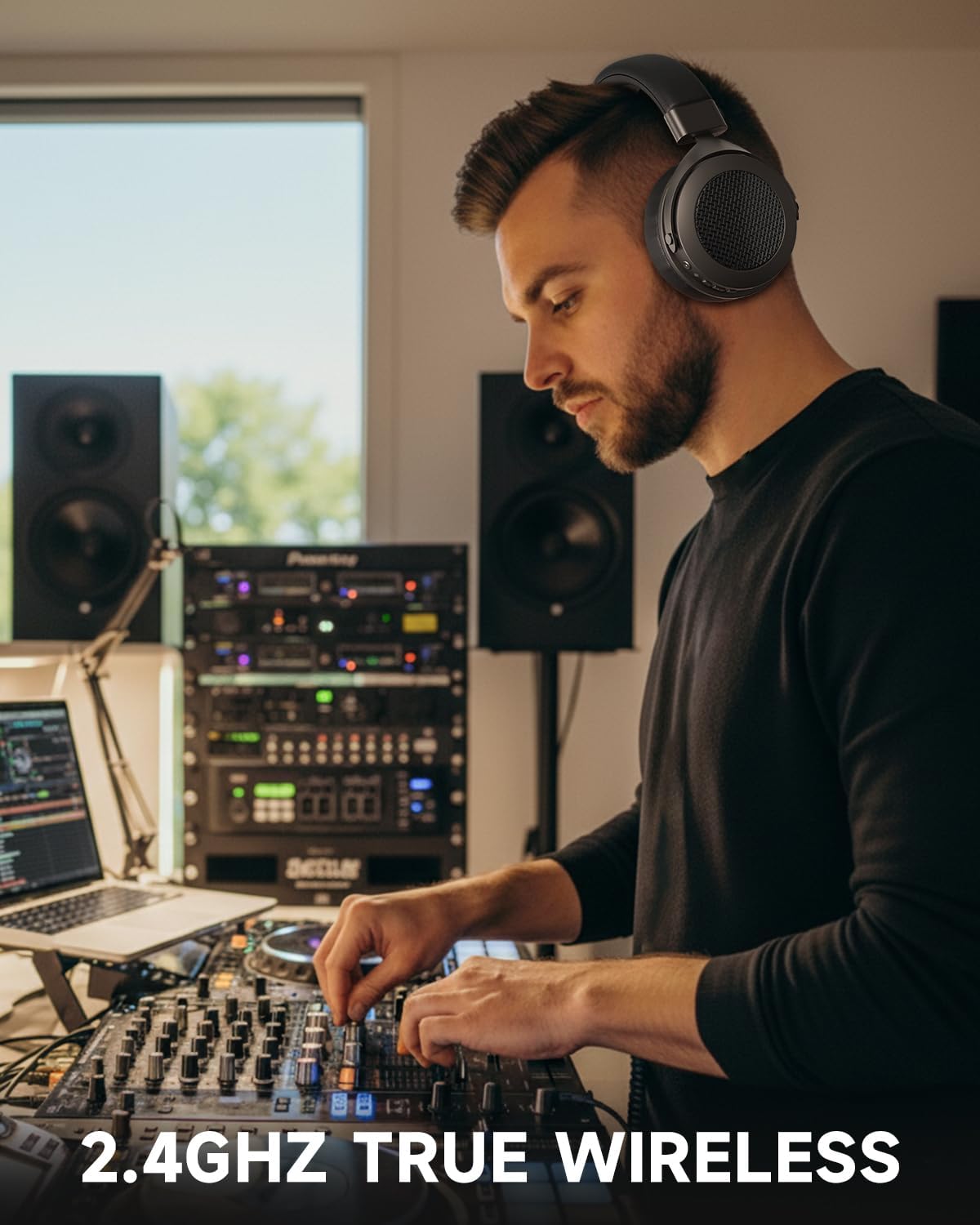 2.4GHz Wireless Headphones for Bass Guitar, 20ms Low Latency, Wireless Over Ear Headphones with 6.35mm & 3.5mm Jack for Studio Monitor & Mixing DJ AMP Keyboard, Pure Black