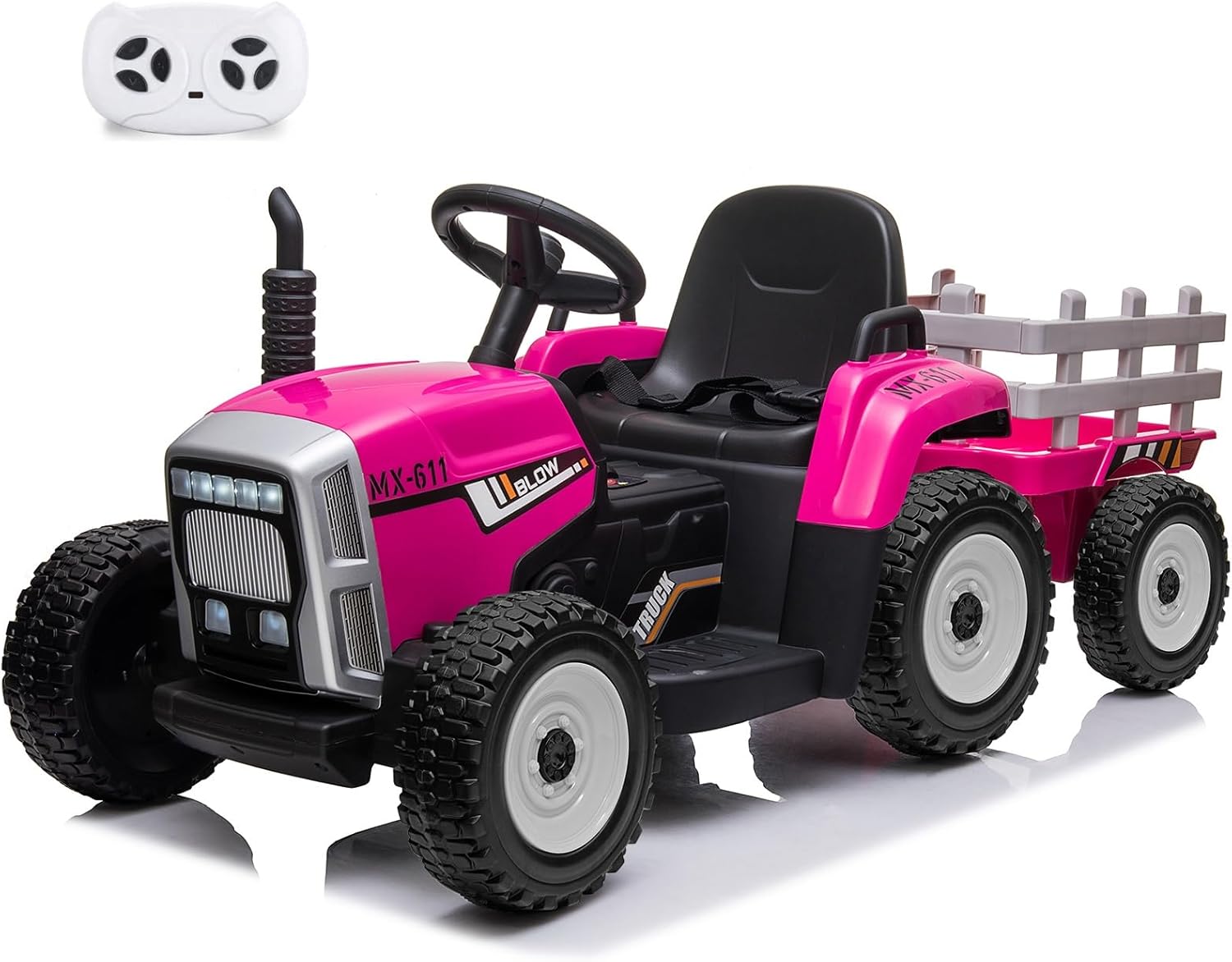 12V Kids Battery Powered Electric Tractor with Trailer, Toddler Ride On Car w/Remote Control/ 7-LED Headlights/ 2+1 Gear Shift/ MP3 Player/USB Port for Kids 3-6 Years (Rose, 35W/ EVA Tire)