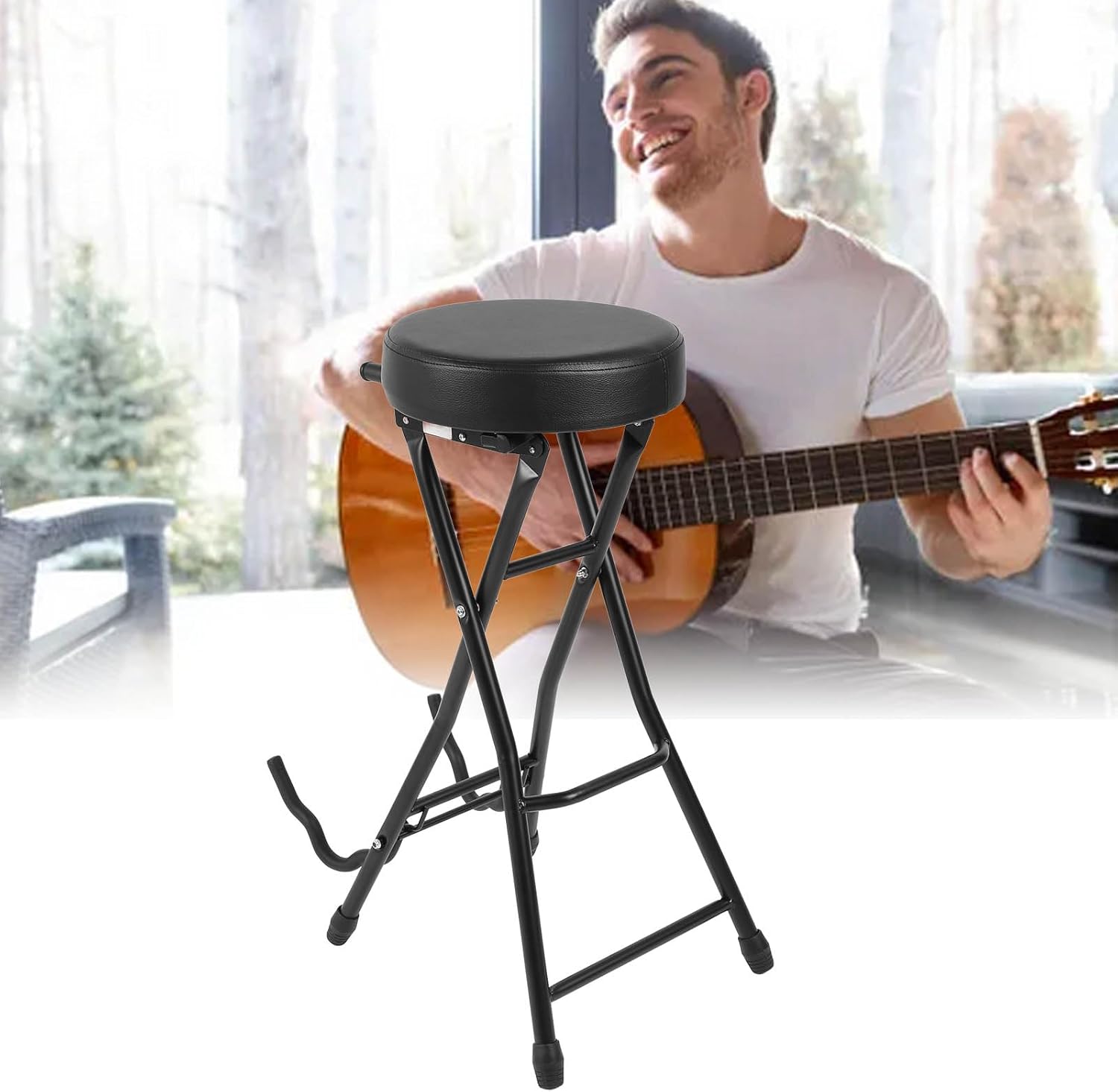 Walfront Foldable Guitar Stool Seat Bass Stool Comes with a Crossbar Guitar Chair Seat Built in Stand with EVA Foam Cradle for Studio