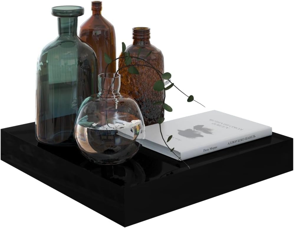 Floating Shelves Set of 4 High Gloss Black MDF 9.3 x 9.1 x 1.5 in Modern Square Wall Mount Display for Living Room Bedroom Office