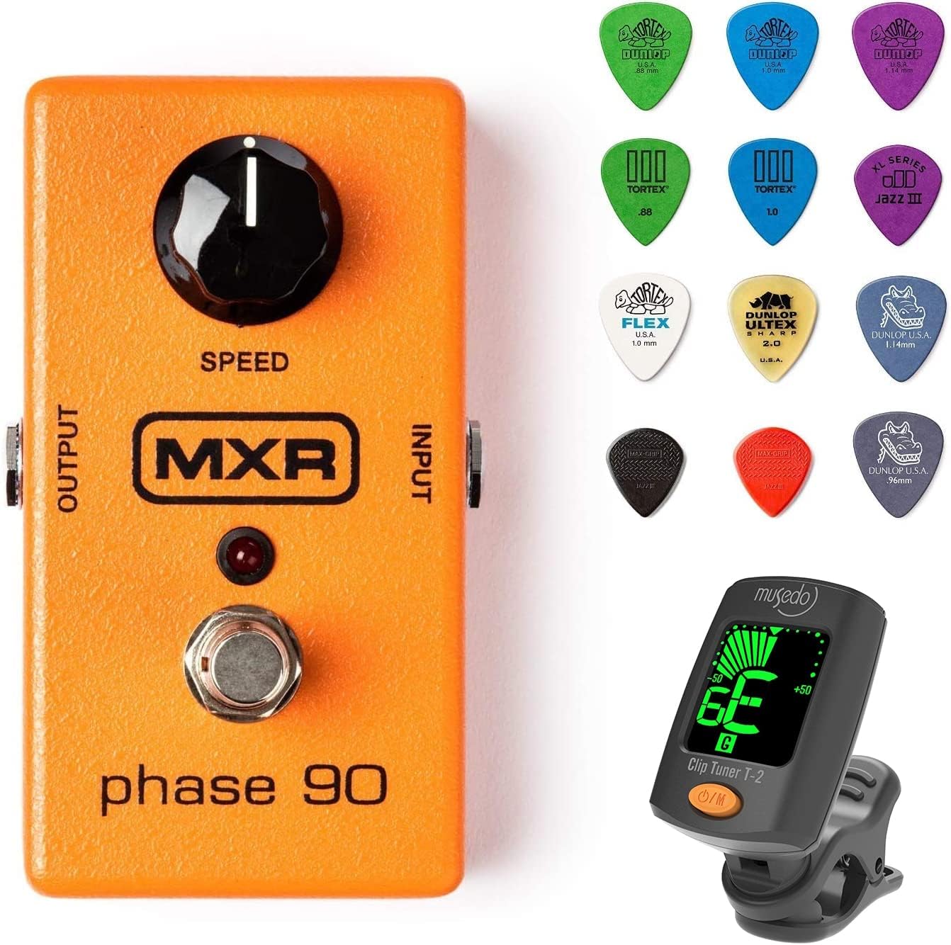 MXR M101 Phase 90 Guitar Effects Pedal Bundle w/ Dunlop Chromatic Clip-On Tuner and Dunlop Variety Pick Pack