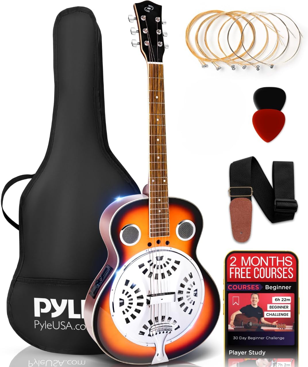 Pyle Resophonic Acoustic-Electric Guitar - 6-String Sunburst with Built-in Preamp, Case, Accessories