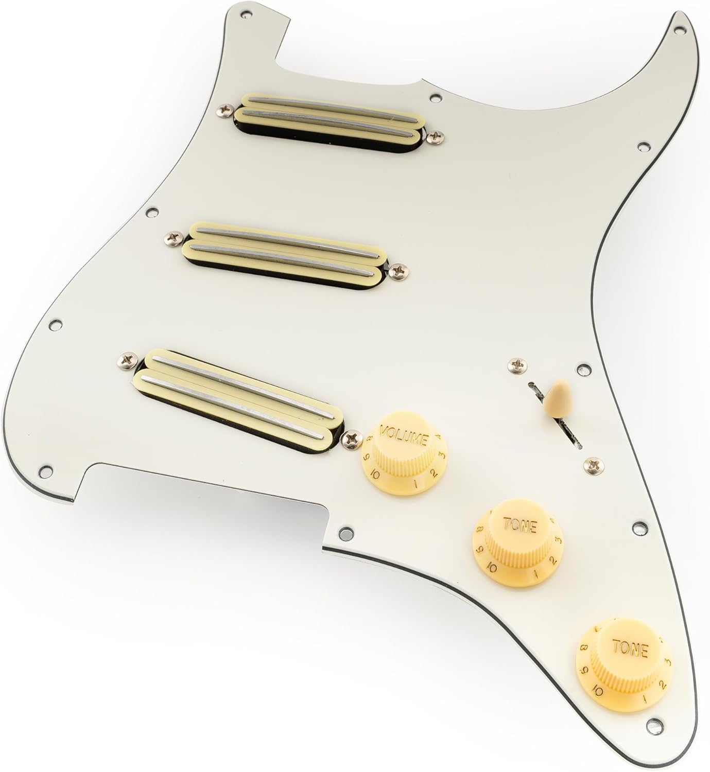 Musiclily Pro-SE ST-DPHA Pre-wired SSS Pickguard with Alnico 5 Mini Rail Humbucker for Strat Style Electric Guitar, 3Ply Aged White