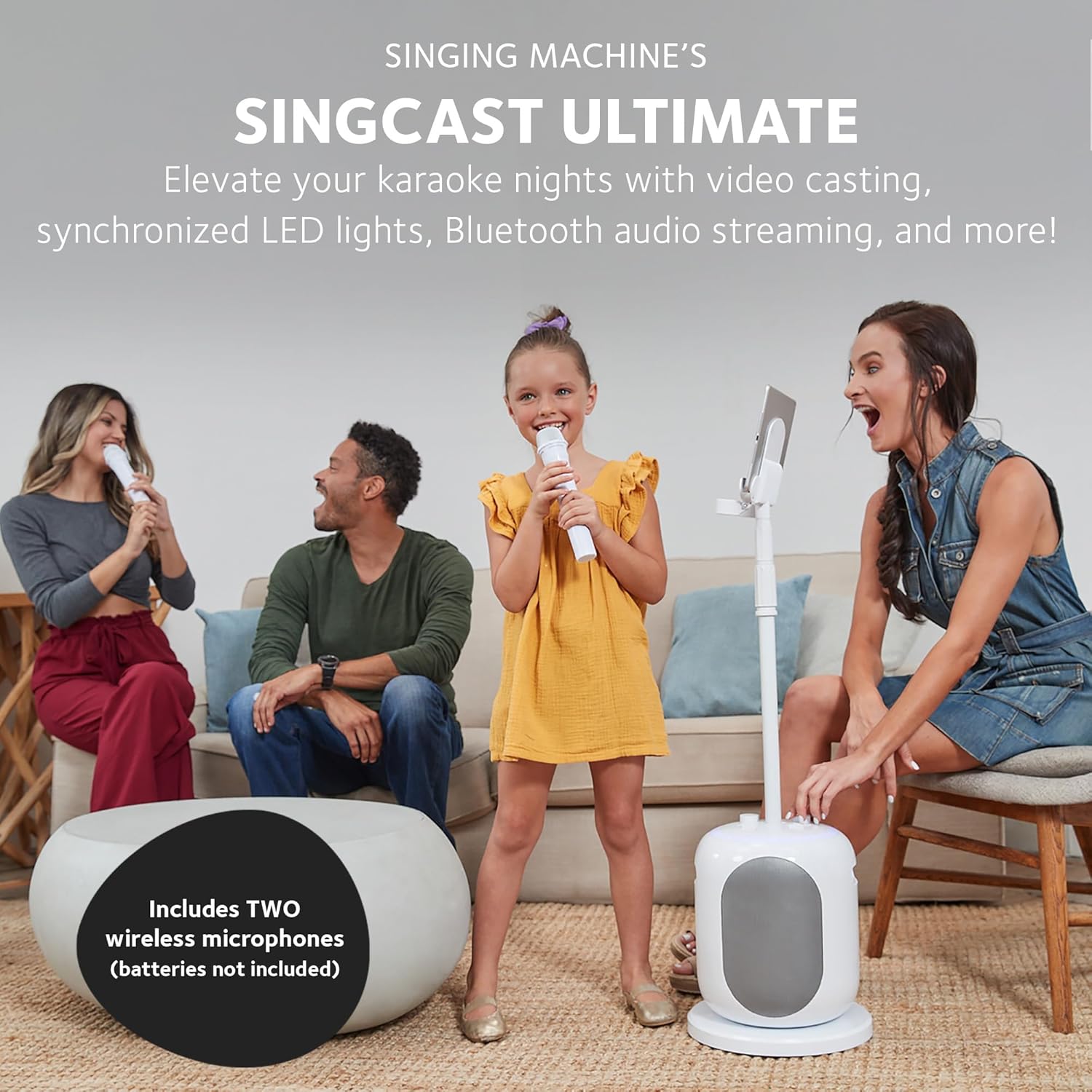 Singing Machine SMC2040S Ultimate Karaoke System, 50 watts System, Sing Cast Video Streaming and Pitch Lab Technology with Rechargeable Battery and Two Wireless Mics, White