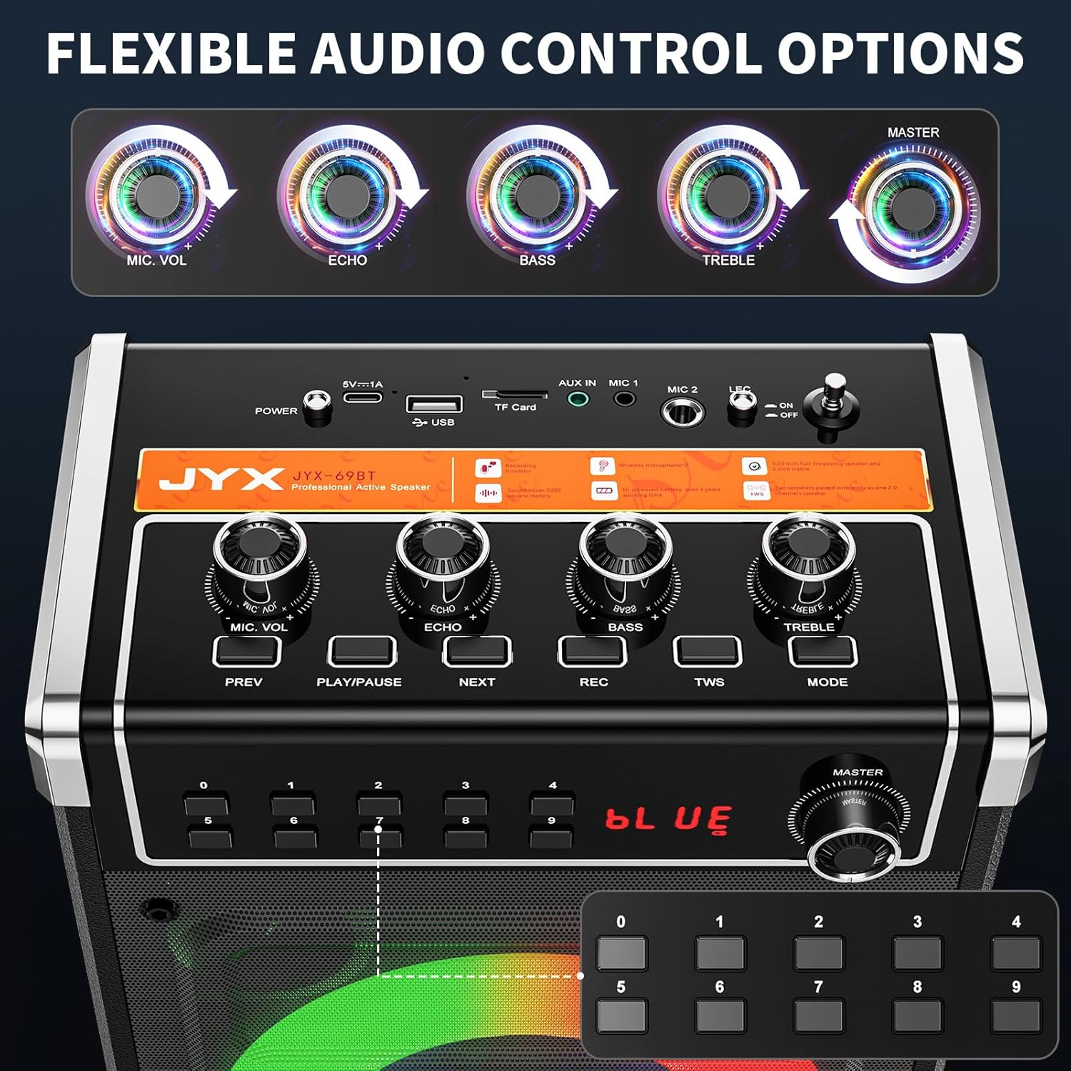 JYX Karaoke Machine with 2 Wireless Microphones, Portable Bass/Treble Bluetooth Speaker with LED Light, Support TWS, AUX in, FM, REC PA System with Remote Control, Supply for Party/Adults/Kids