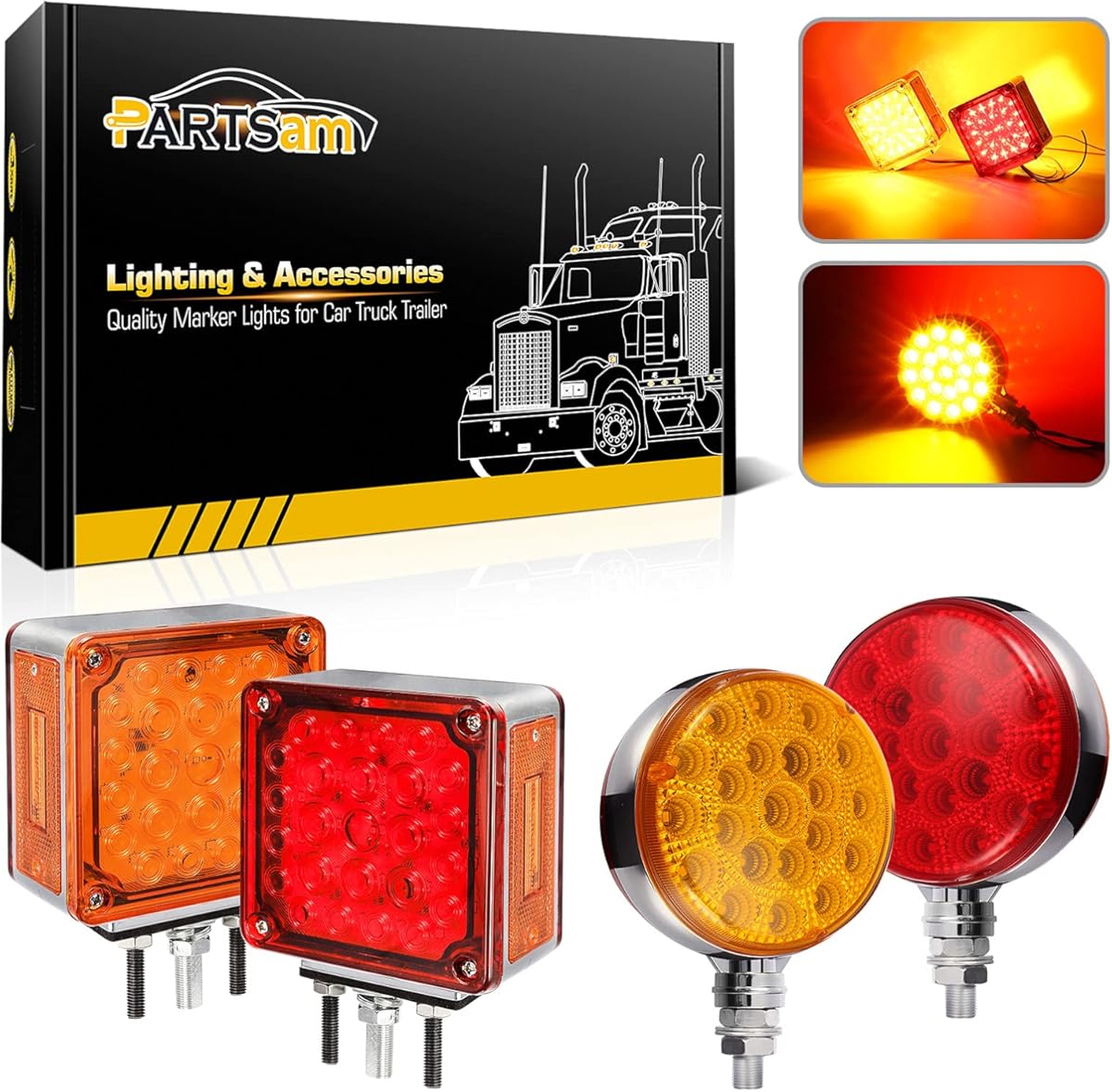 PARTSam Truck Pedestal Lights Kit, 2Pcs Round Double Face Led Turn Signal Lights 42LED+2Pcs Square Double Face Led Lights Amber/Red 52LED