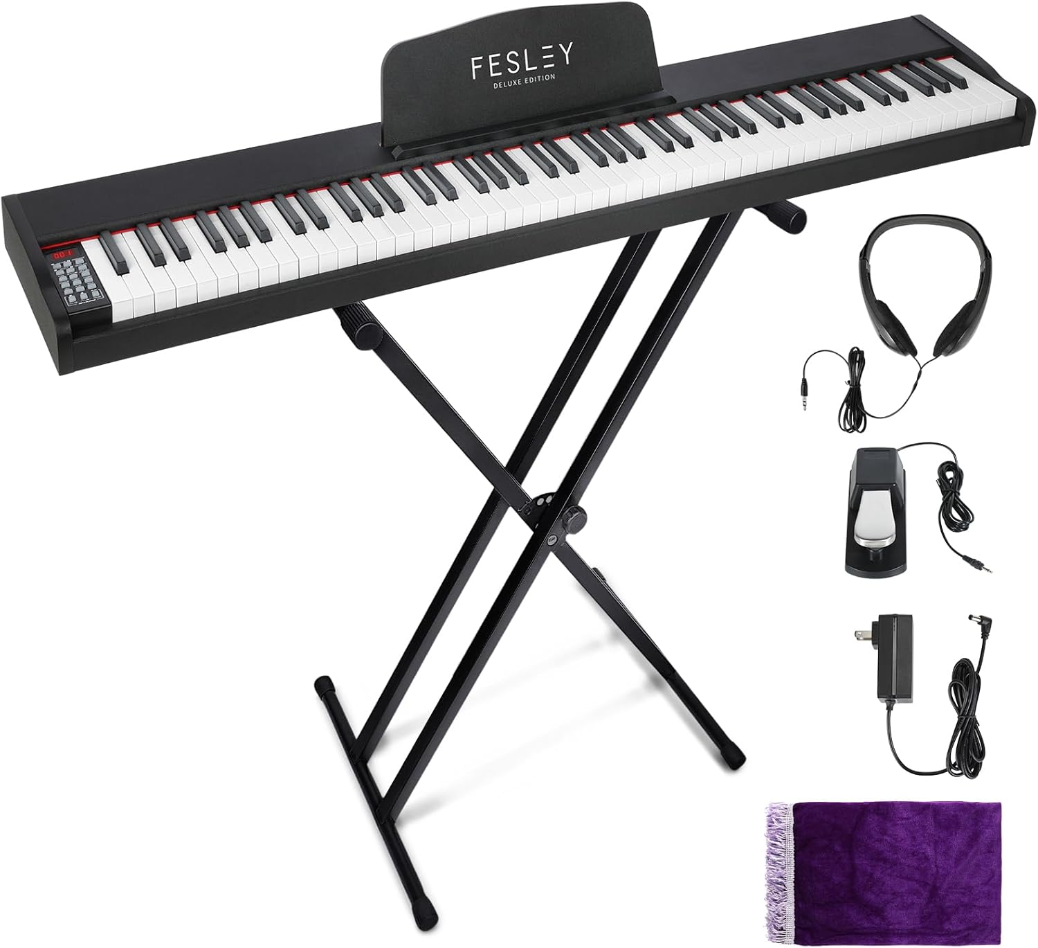 Fesley Semi-weighted Piano Keyboard 88 Keys with Stand, Full-Size Electric Keyboard Piano for Beginners,Portable 88 Key Keyboard with 900 Tones,700 rhythms,110 demo songs,USB-MIDI, FEP300X, Black