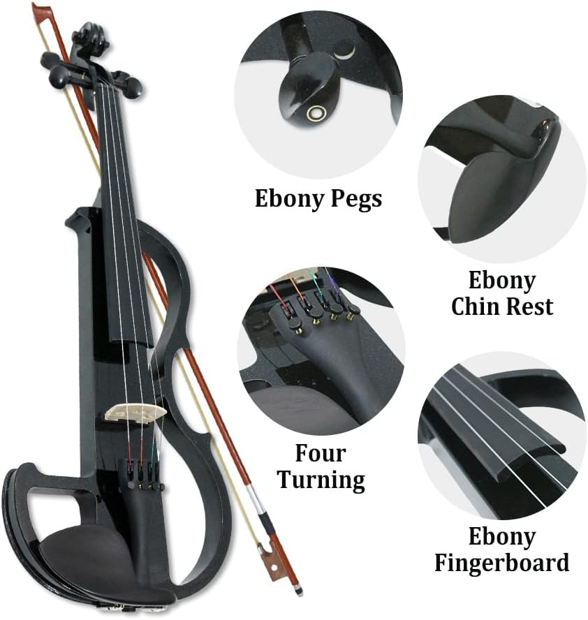 4/4 Full Size Electric Violin – Silent Electric Violin with Headphone Jack, Ebony Fittings – Includes Case, Bow, – Ideal for Practice & Performance (Black)