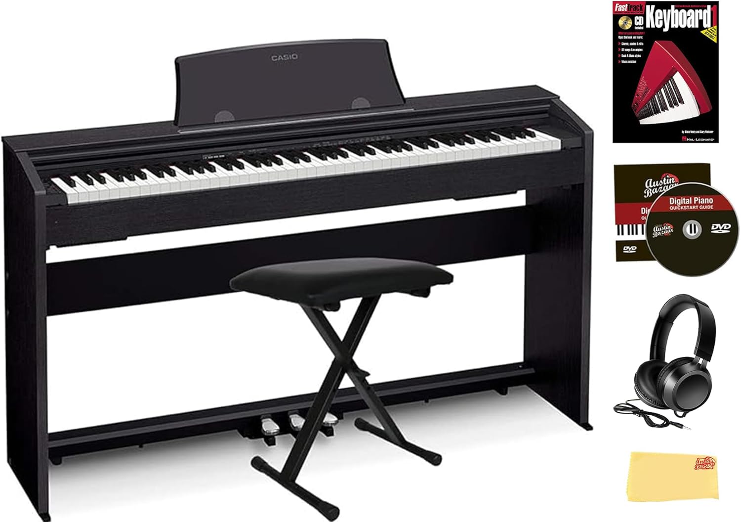 Casio PX-770 Privia Digital Piano - Black Bundle with Adjustable Bench, Headphones, Instructional Book, Online Lessons, Instructional DVD, and Austin Bazaar Polishing Cloth