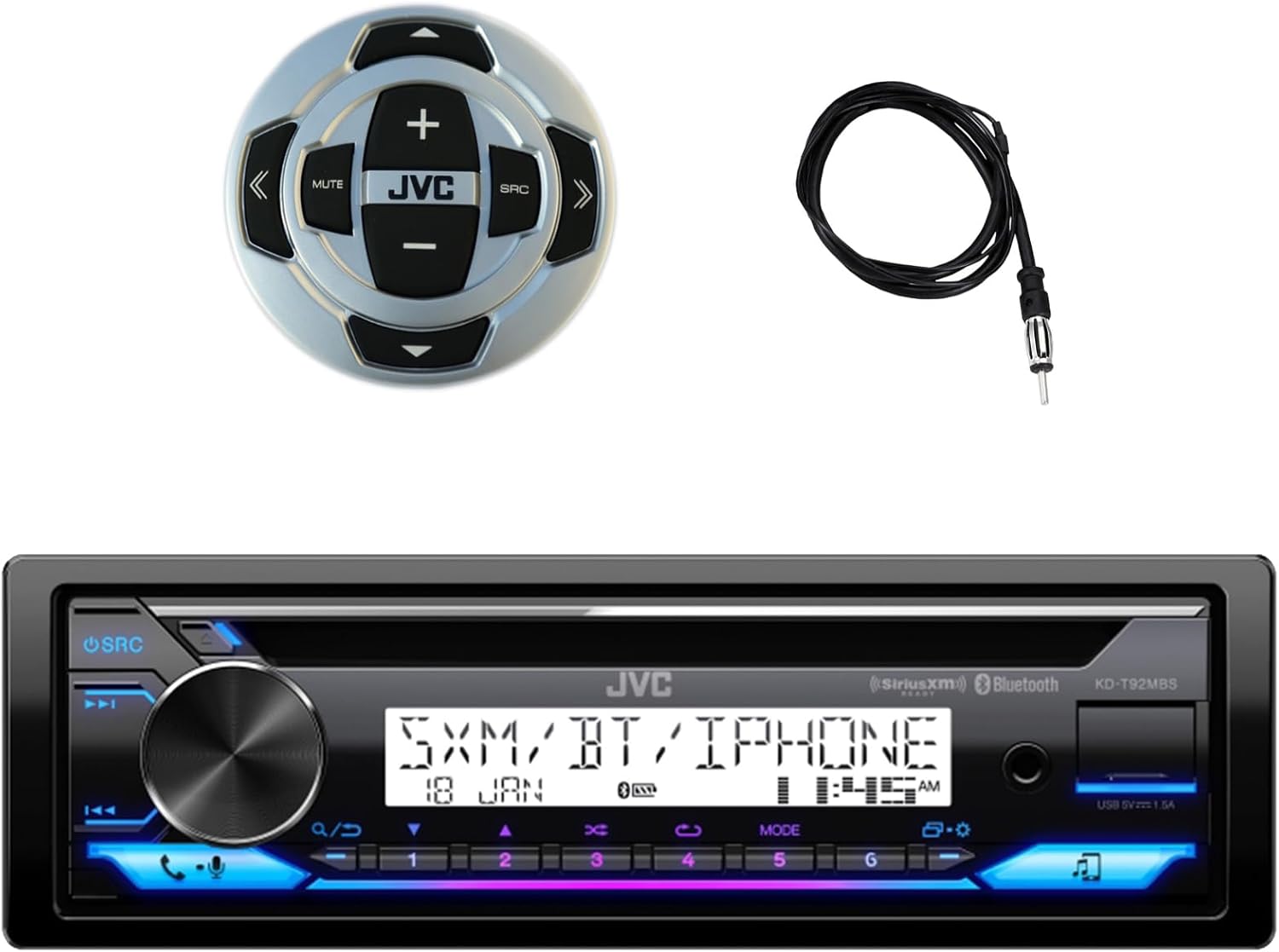 JVC Single DIN Marine MotorSports Bluetooth USB AUX AM/FM Stereo CD Player Receiver with Wired Remote Control, 40