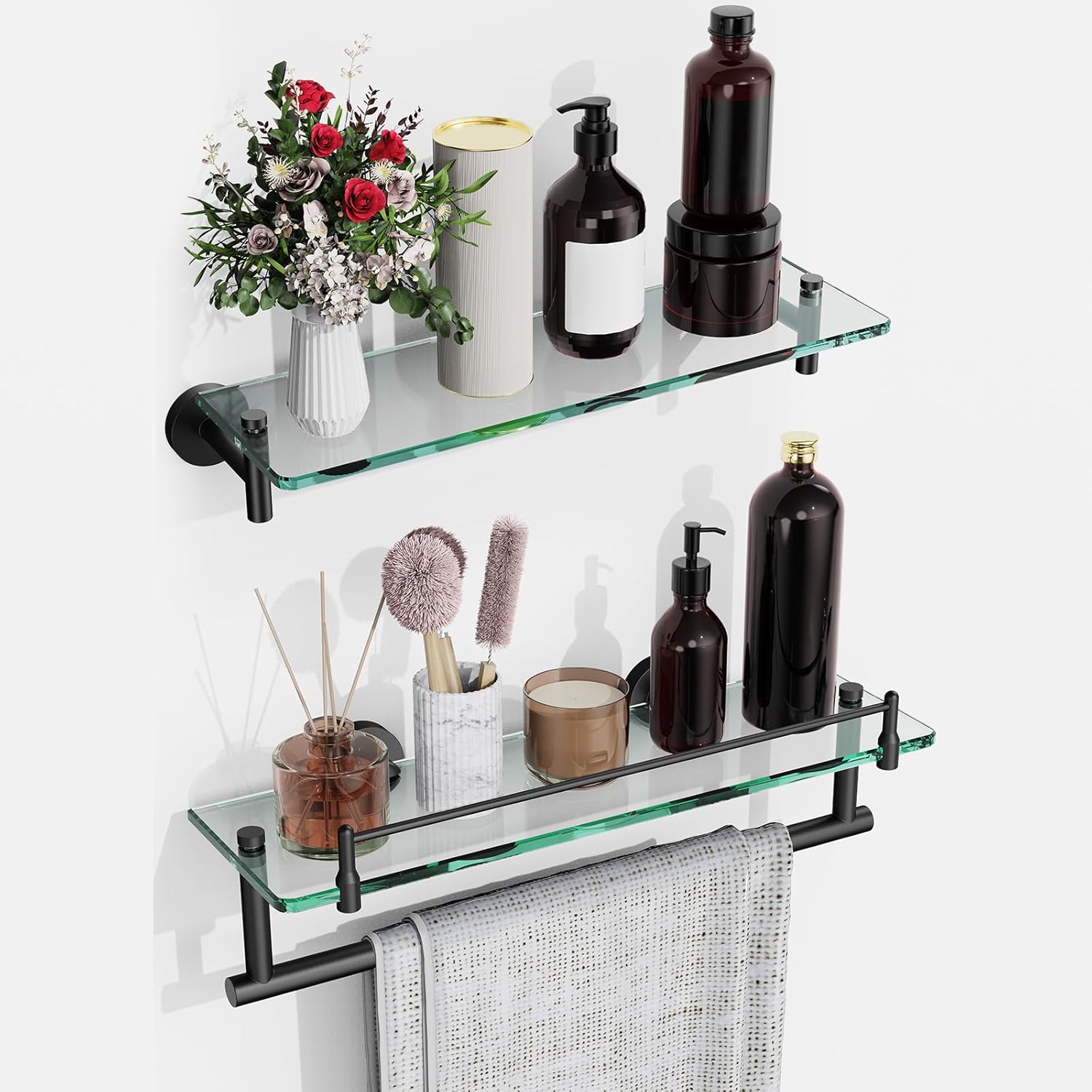 Bathroom Shelf Glass Shelf 2 Pack,16-Inches Floating Glass Shelves Towel Bar/Track(Matte Black)