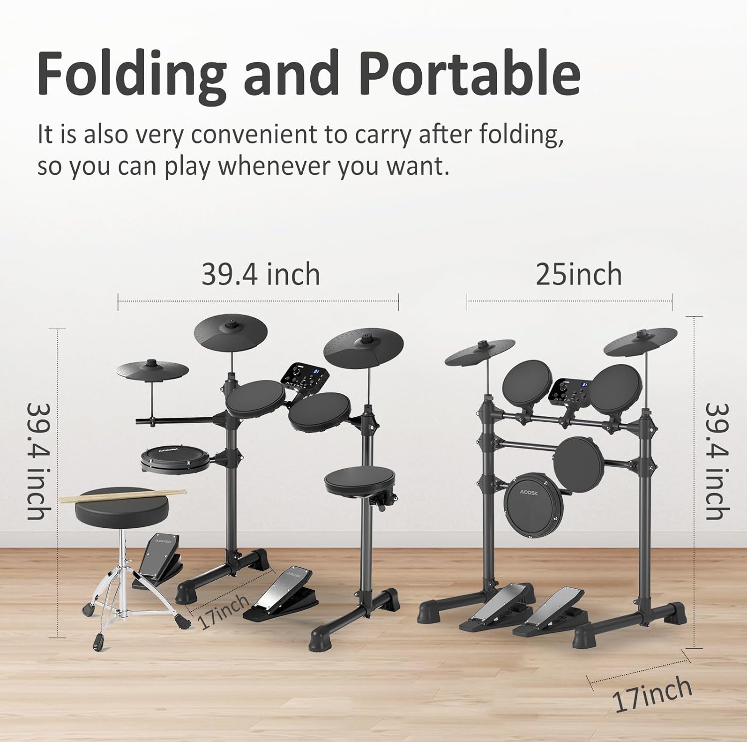 AODSK Electric Drum Set for Beginner with 150 Sounds,4 Quiet Drum Pads,2 Pedal,Throne,Sticks,Electronic Drum with Headphone,AED-400