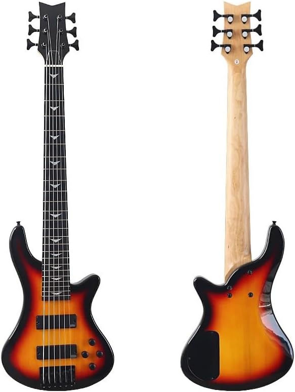 6-String Electric Bass Guitar, 43-Inch Full Size, Sunburst High Gloss Finish, Solid Basswood Body, Canada Maple Neck