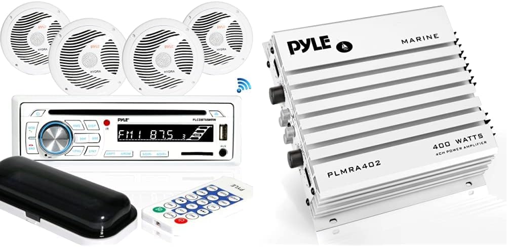 Pyle Marine Stereo Receiver Speaker Kit + Hydra Marine Amplifier Bundle