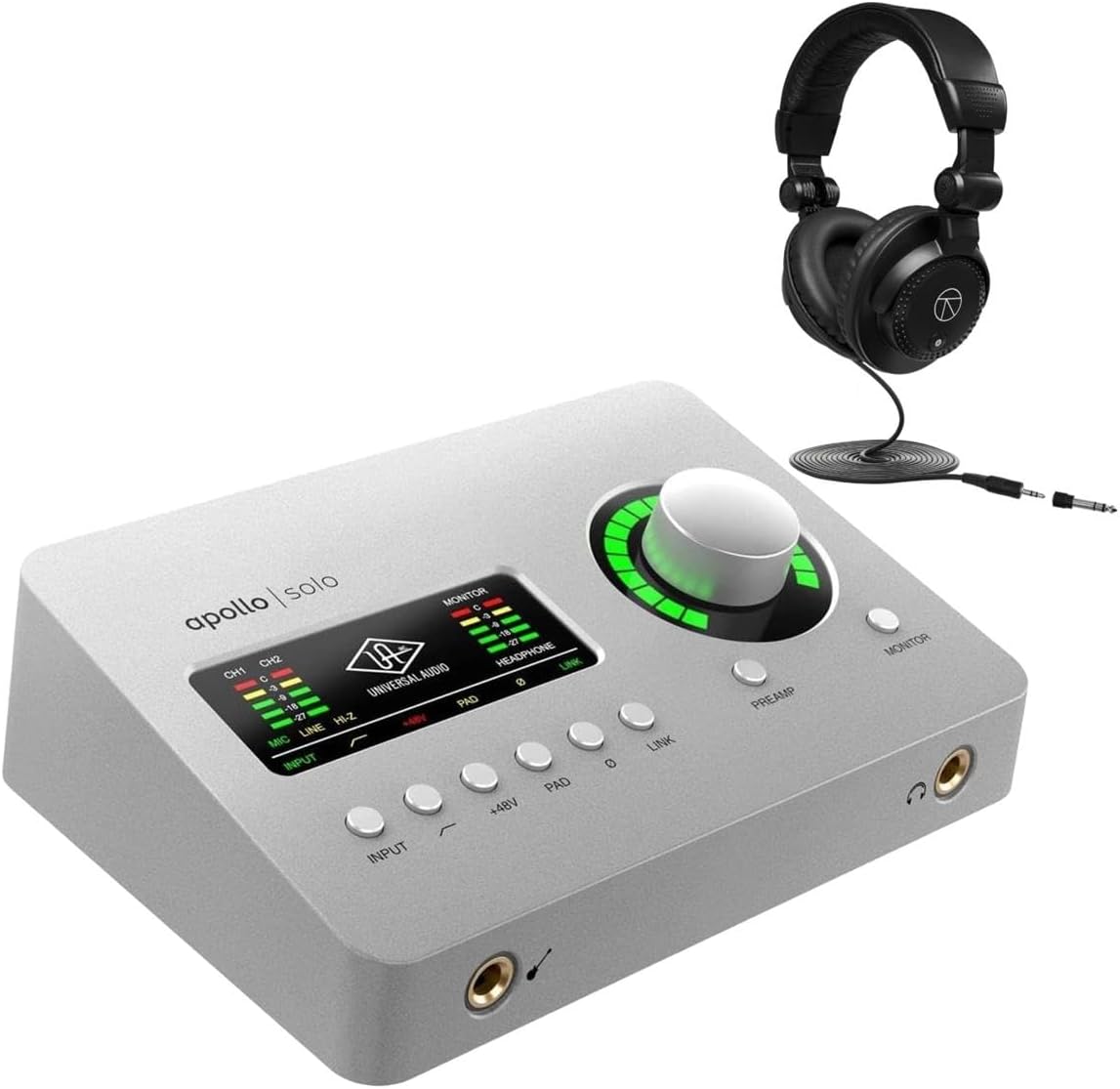 Apollo Solo Heritage Edition Desktop 2x4 Thunderbolt 3 Audio Interface with Realtime UAD Processing for Mac and Windows Bundles With Closed-Back Studio Monitor Headphones