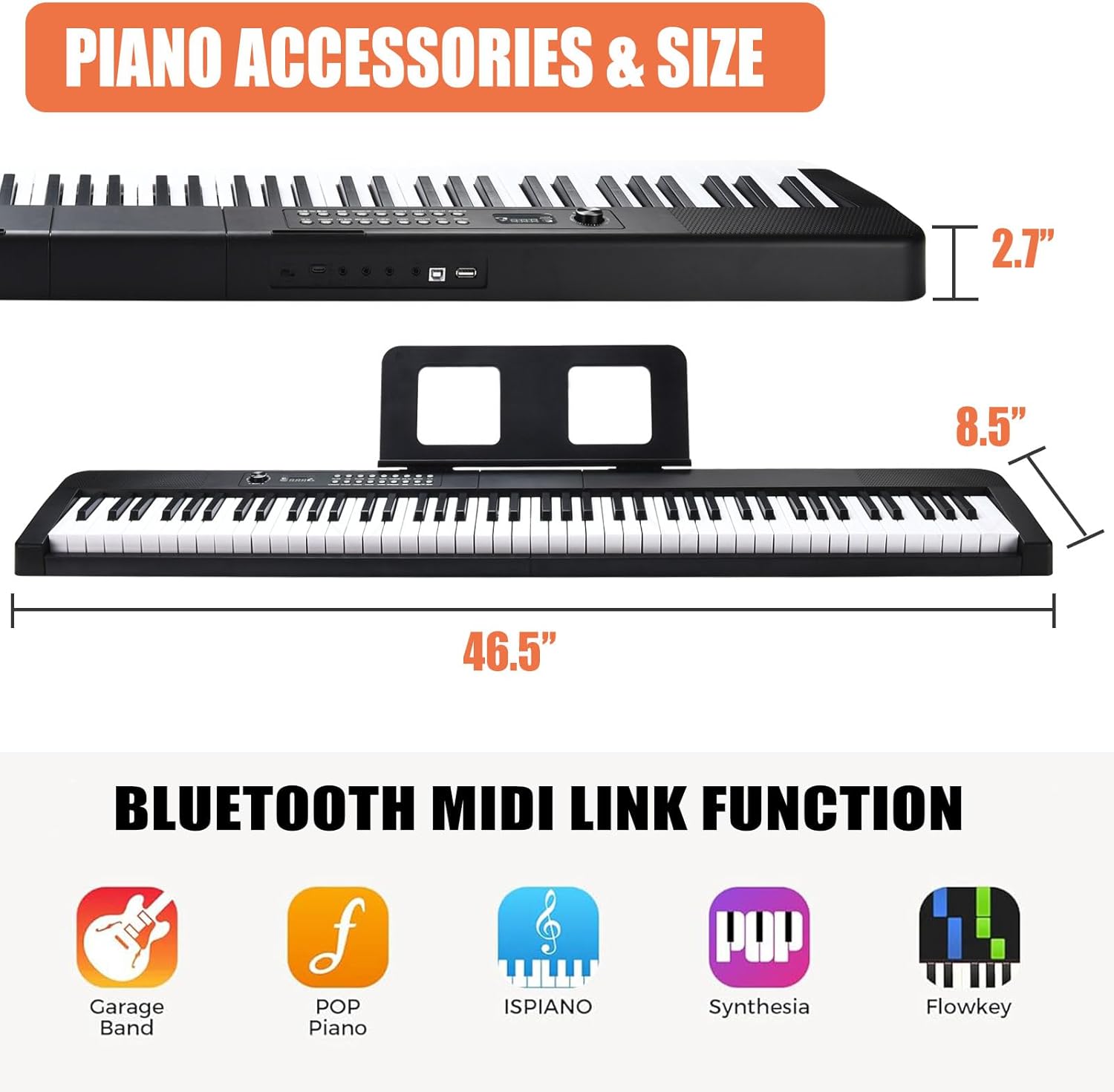 88 Key Keyboard Piano Electric Keyboard, 88 Key Digital Piano for for Beginner, with Power Adapter, Sustain Pedal, Stand, Bluetooth, Carrying Case, Headphones, USB-MIDI, for at Home/Stage