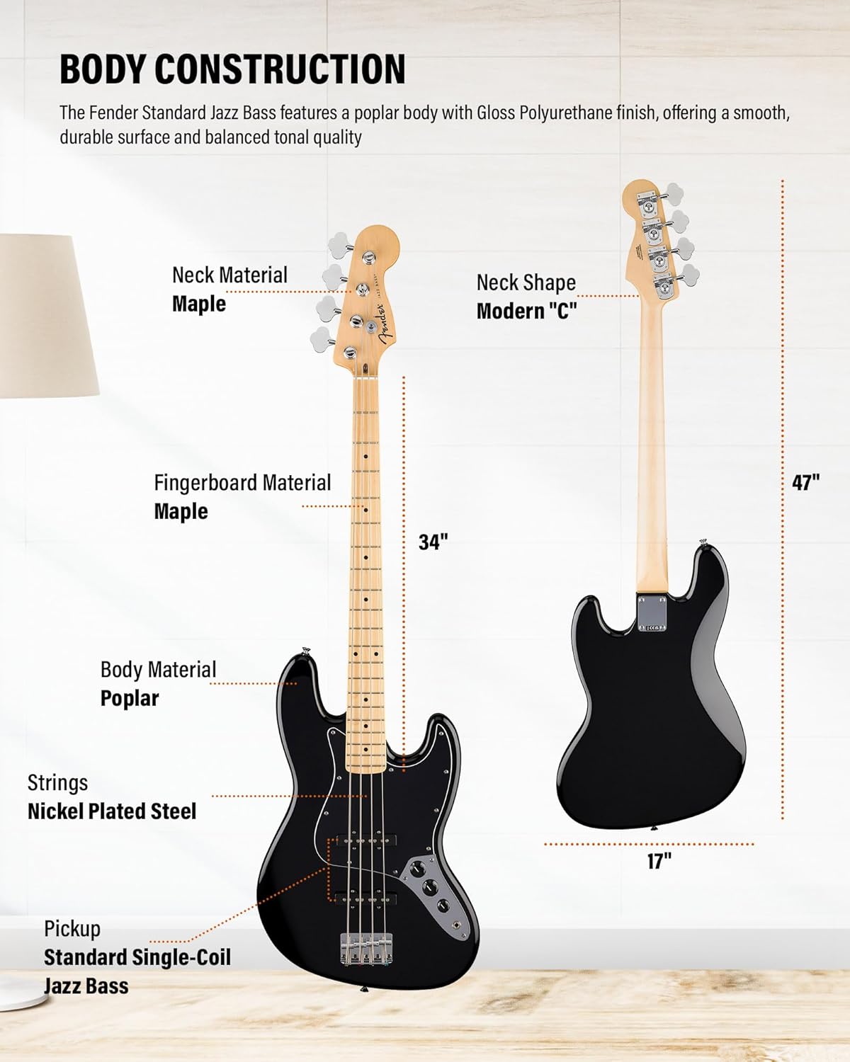 Fender Standard Jazz Bass - Black Bundle with Strap, Guitar Cleaning Kit and Austin Bazaar Instructional Video