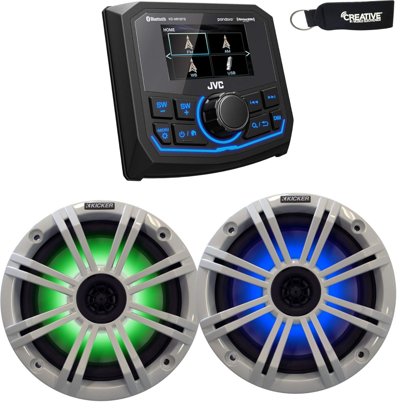 JVC KD-MR1BTS Bluetooth Marine Receiver w/A Pair of Kicker LED Marine OEM Replacement Speakers - White