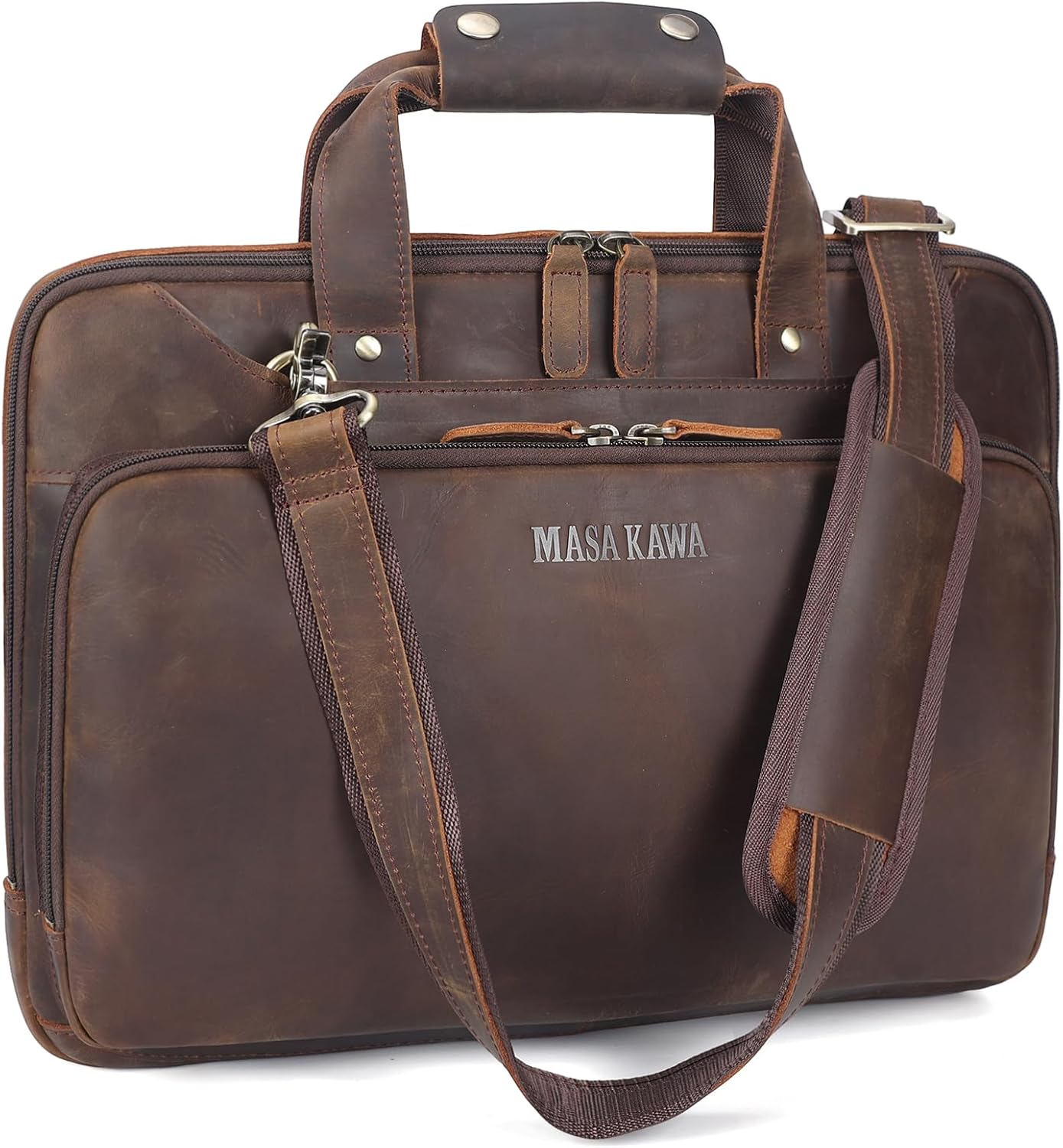 Masa Kawa Leather Laptop Briefcase for Men Fits 15.6