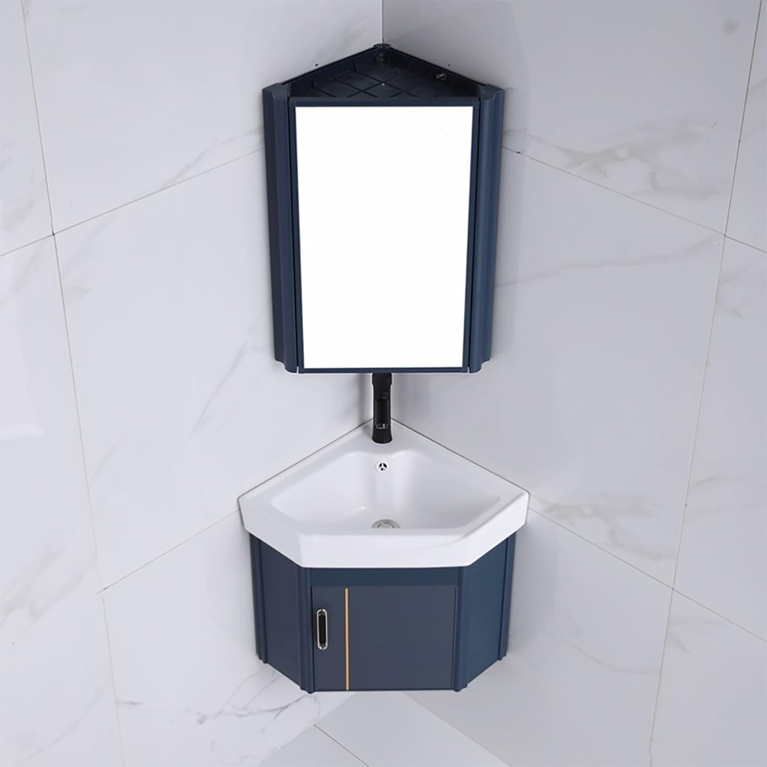 Corner Ceramic Sink，Corner Bathroom Vanity，Corner Bathroom Sink，Corner Wall Mount Bathroom Sink，Bathroom Cabinet with Faucet and Drain， Bathroom Sink with Storage Container(White,38cm/15in)