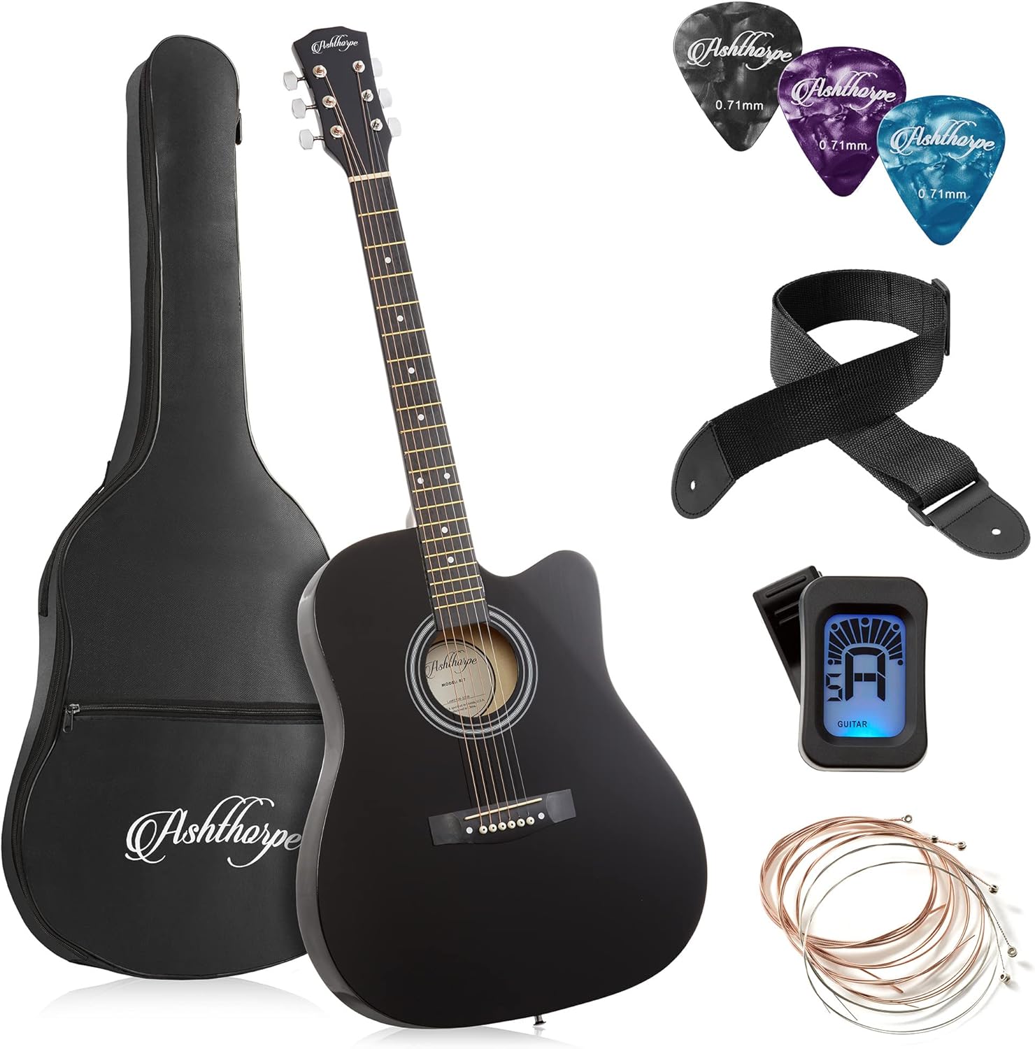 Ashthorpe 41-inch Beginner Cutaway Acoustic Guitar Package (Black), Full Size Basic Starter Kit w/Gig Bag, Strings, Strap, Tuner, Picks