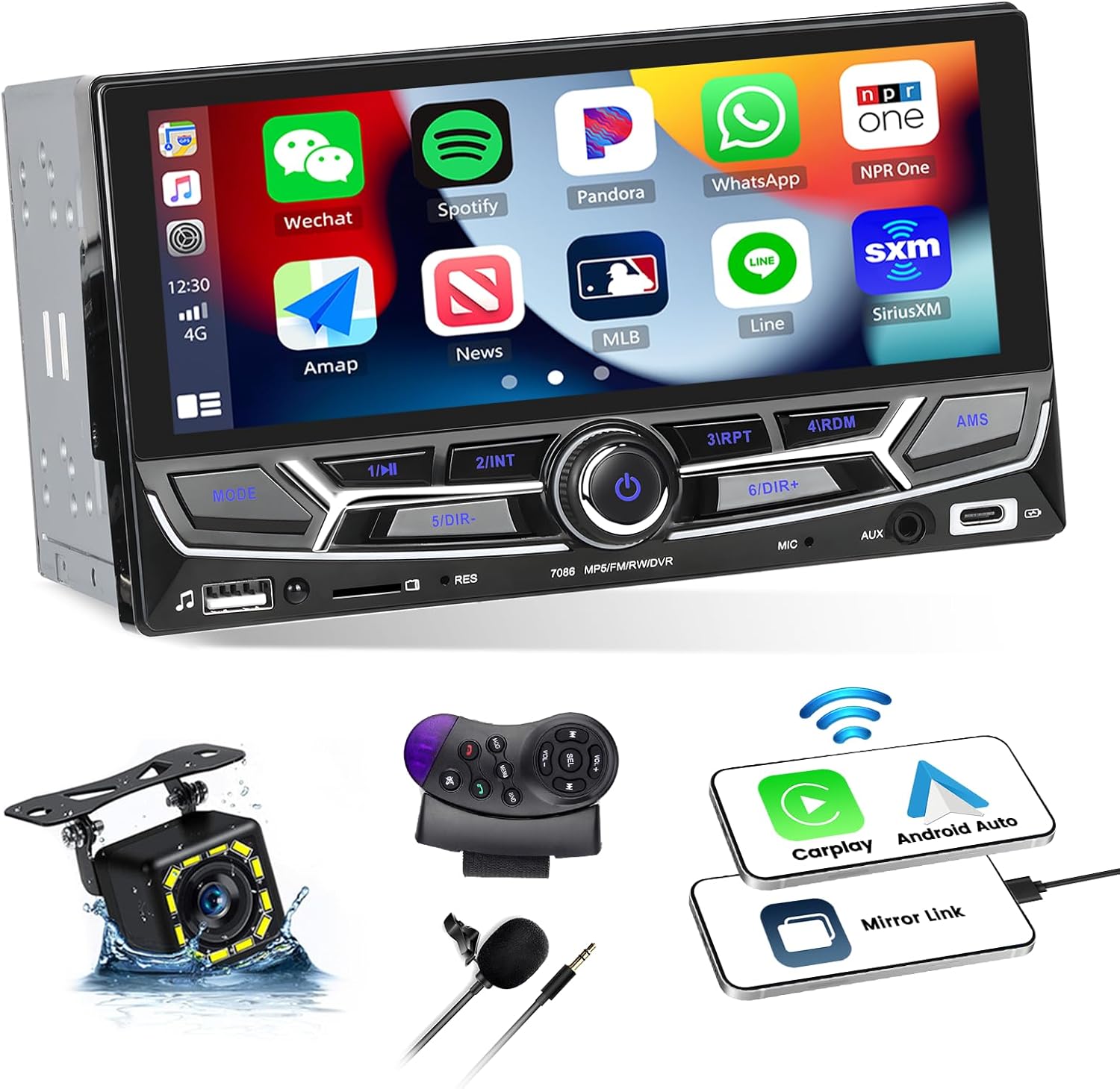 UNITOPSCI Double Din Wireless Apple CarPlay Android Auto Car Stereo Radio with Bluetooth 6.86 Inch Touchscreen Mirror Link FM USB/AUX/TF/DVR Input, Type-C Charging, with SWC Backup Camera Mic