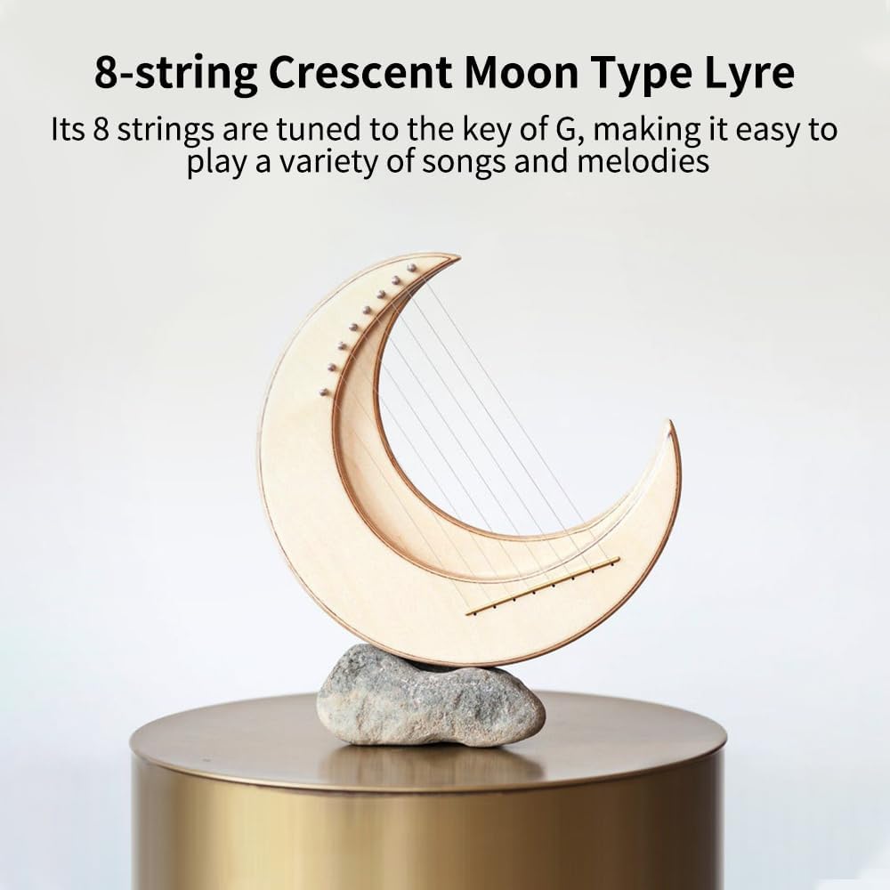 Lyre Harp, Portable Harp Strings Instrument, Wooden Harp, with Tuning Wrench Spare String Anti Slip Pad String Column Cover Wood Chips,Moon Shape (Wood Color & 8 Strings)