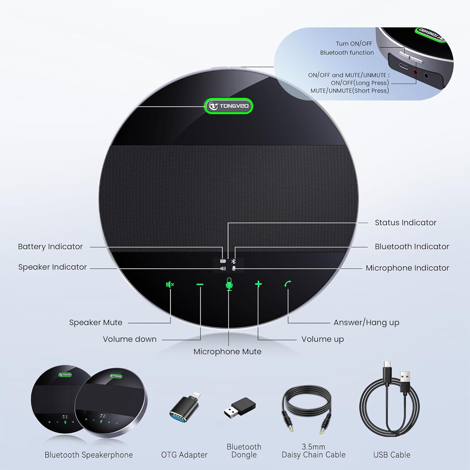 TONGVEO 2-in-1 Conference Speaker and Microphone, Daisy Chain Wireless Bluetooth Speakerphone with 360° omnidirectional mics USB/Dongle/Bluetooth Connection 18H Talk Time for 15-30 People Meeting