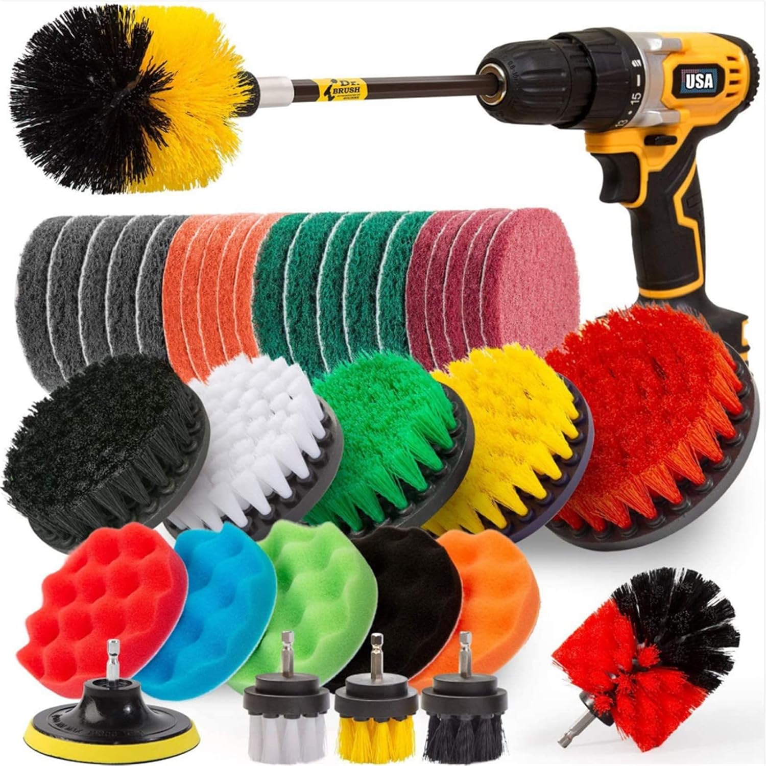 37Piece Drill Brush Attachments Set,Scrub Pads & Sponge, Power Scrubber Brush with Extend Long Attachment All Purpose Clean for Grout, Tiles, Sinks, Bathtub, Bathroom, Kitchen