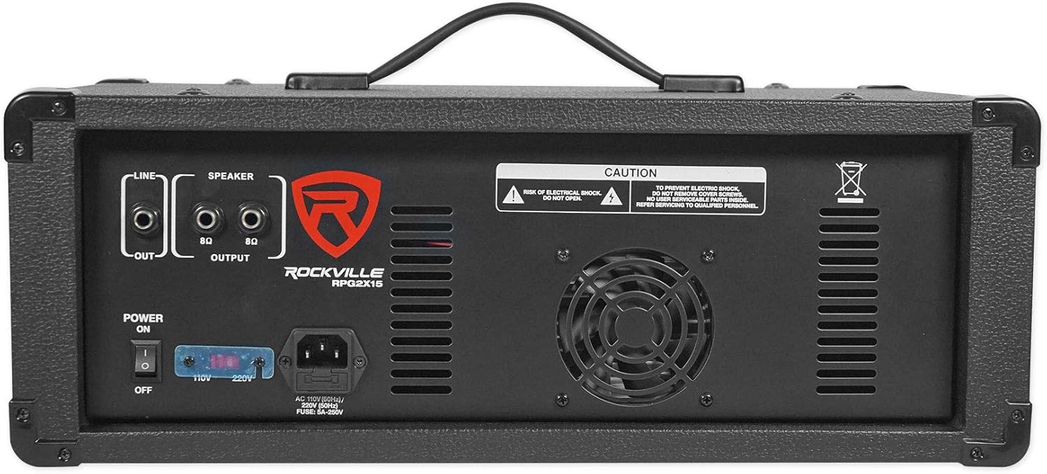 Rockville RPG2X15 Bundle: (2) 15 in Passive PA Speakers, 8-Channel Powered Mixer with Bluetooth, USB/SD, (2) Tripod Stands, (2) Wired Microphones, (2) 10 ft Speaker Cables, Karaoke Ready, 9-Items