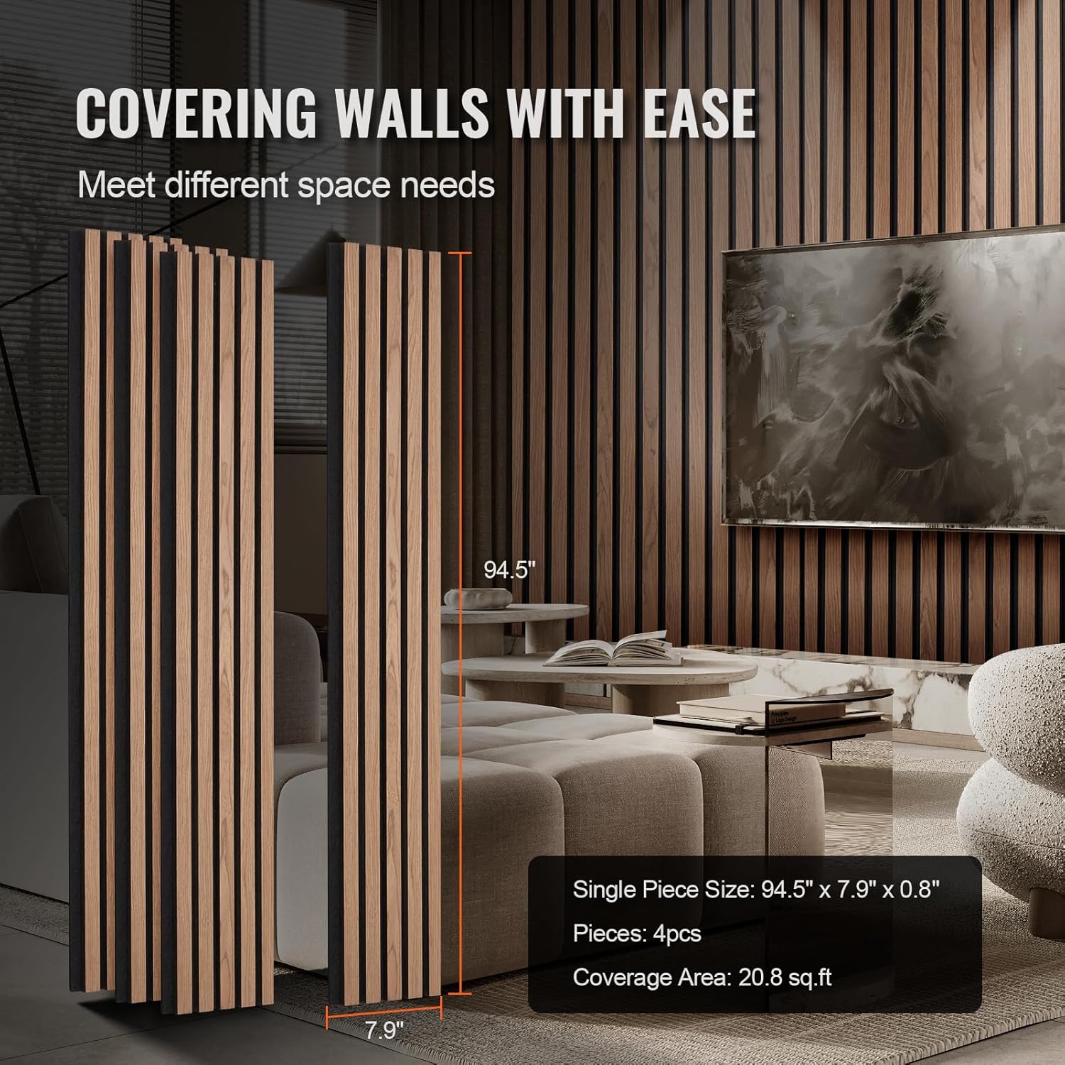 VEVOR Wood Slat Acoustic Panels, 7.9 x 94.5 in, 4-Piece MDF Accent Wooden Wall Panels, Faux Wood Wall Board Panels for Modern Interior Decor and Noise Reduction, Walnut