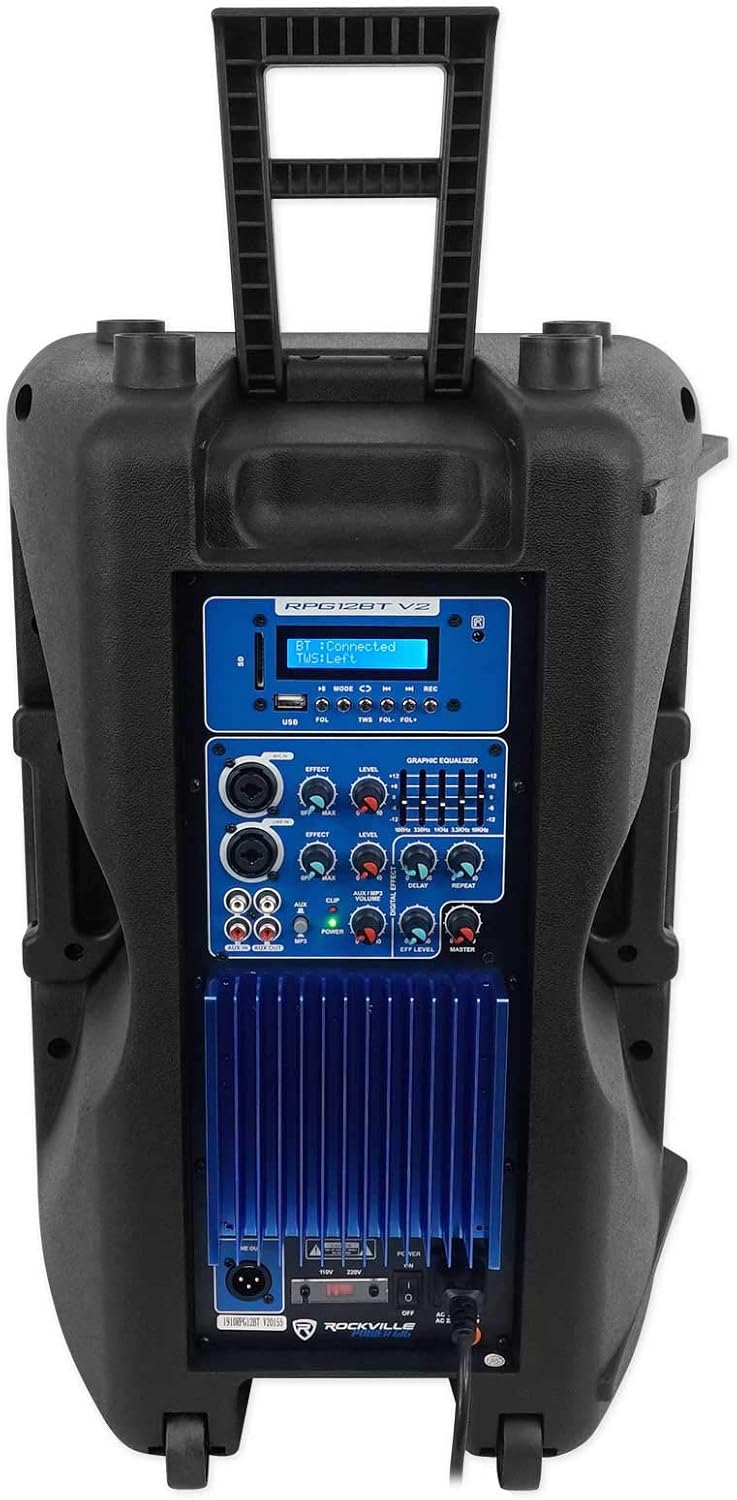 (2) Rockville RPG12BT V2 800W Speakers Bundle with Rockville RFAAW DJ Event Facade, (2) Rockville RCXFM20E-B Mic Cables, (2) Rockville Pro MIc Kit 1 Mic & (2) Rockville Party Stands Speaker (5 Items)