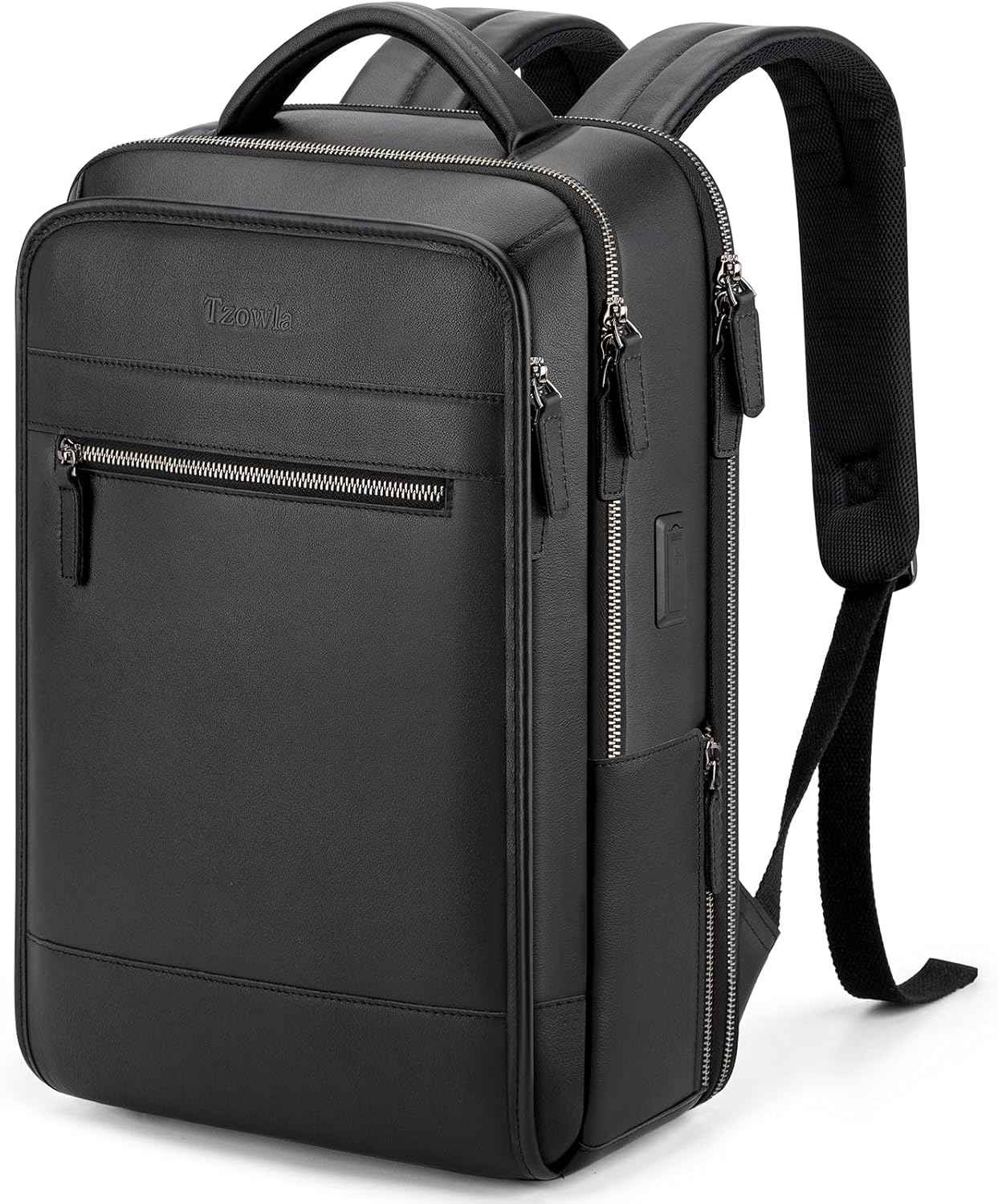Tzowla Leather Laptop Backpack, Bag for Men and Women,Business Travel Work Rucksack Fits 15.6 Inch Laptop,Bookbag with USB and Type-C Charging Port-Black