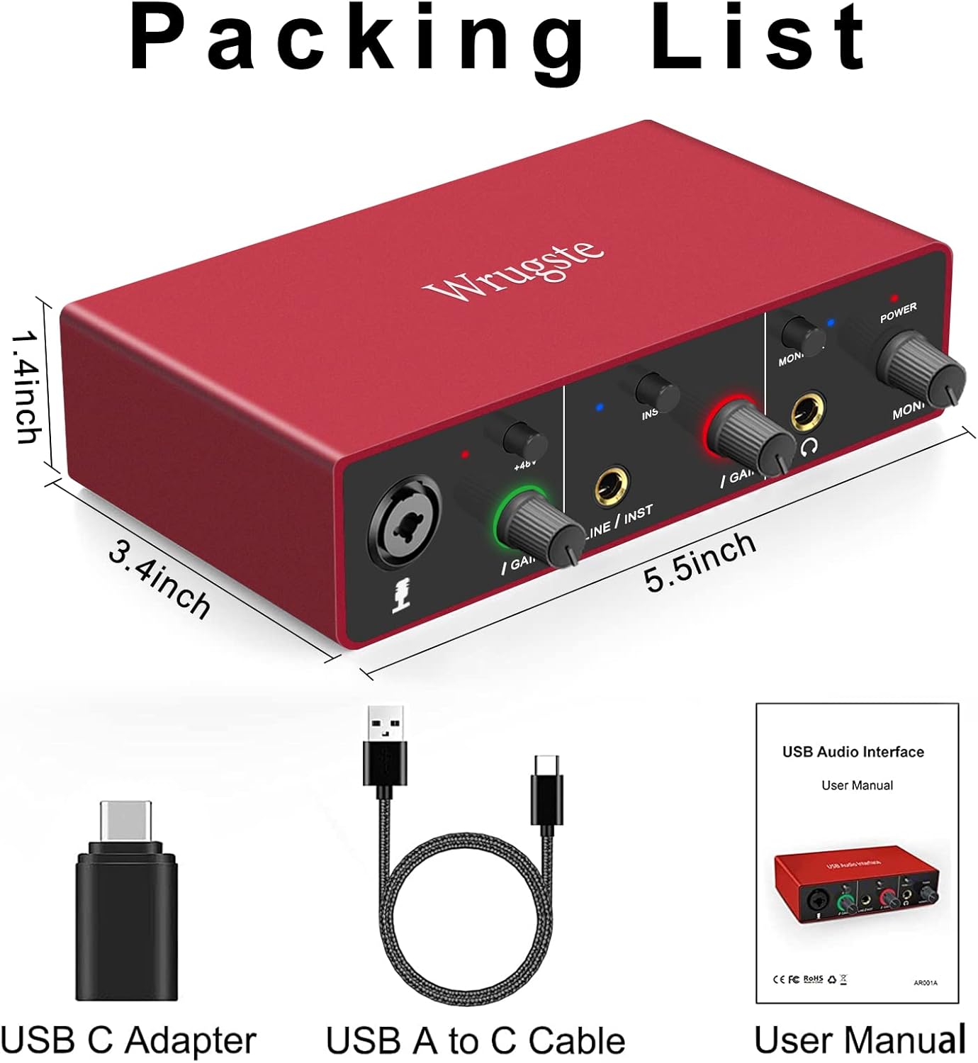 Wrugste USB Audio Interface Solo(24Bit/192kHz)+48V Phantom Power for Computer Recording Podcasting and Streaming Plug and Play Noise-Free Wrugste XLR Audio Interface for PC No Software Included