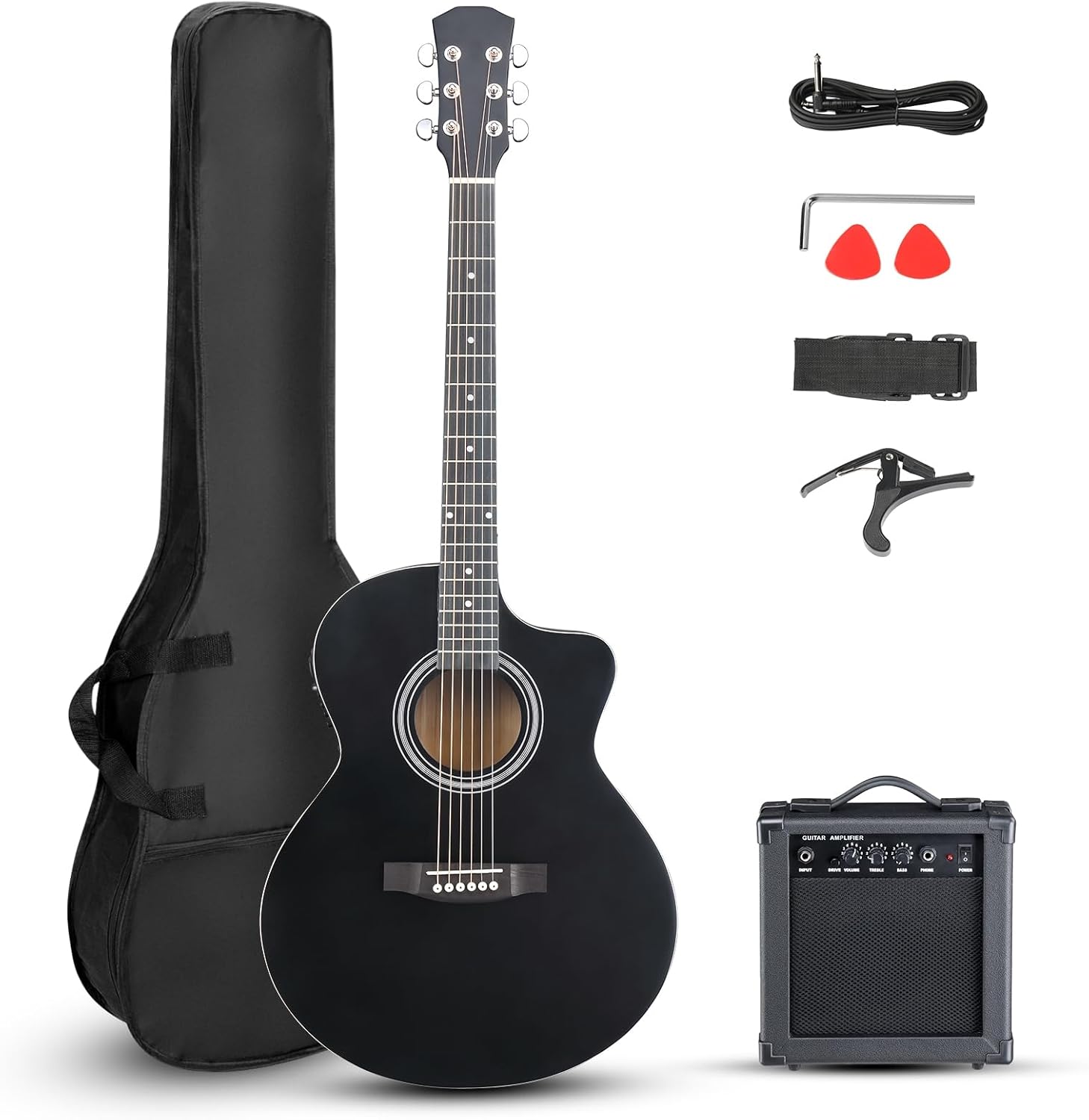 Ktaxon Full Size Acoustic Electric Guitar with 15W Amp, 41 Inch Wood Body Adults Guitars Beginner Kit W/Gig Bag, Strap, Picks & Capo, Black
