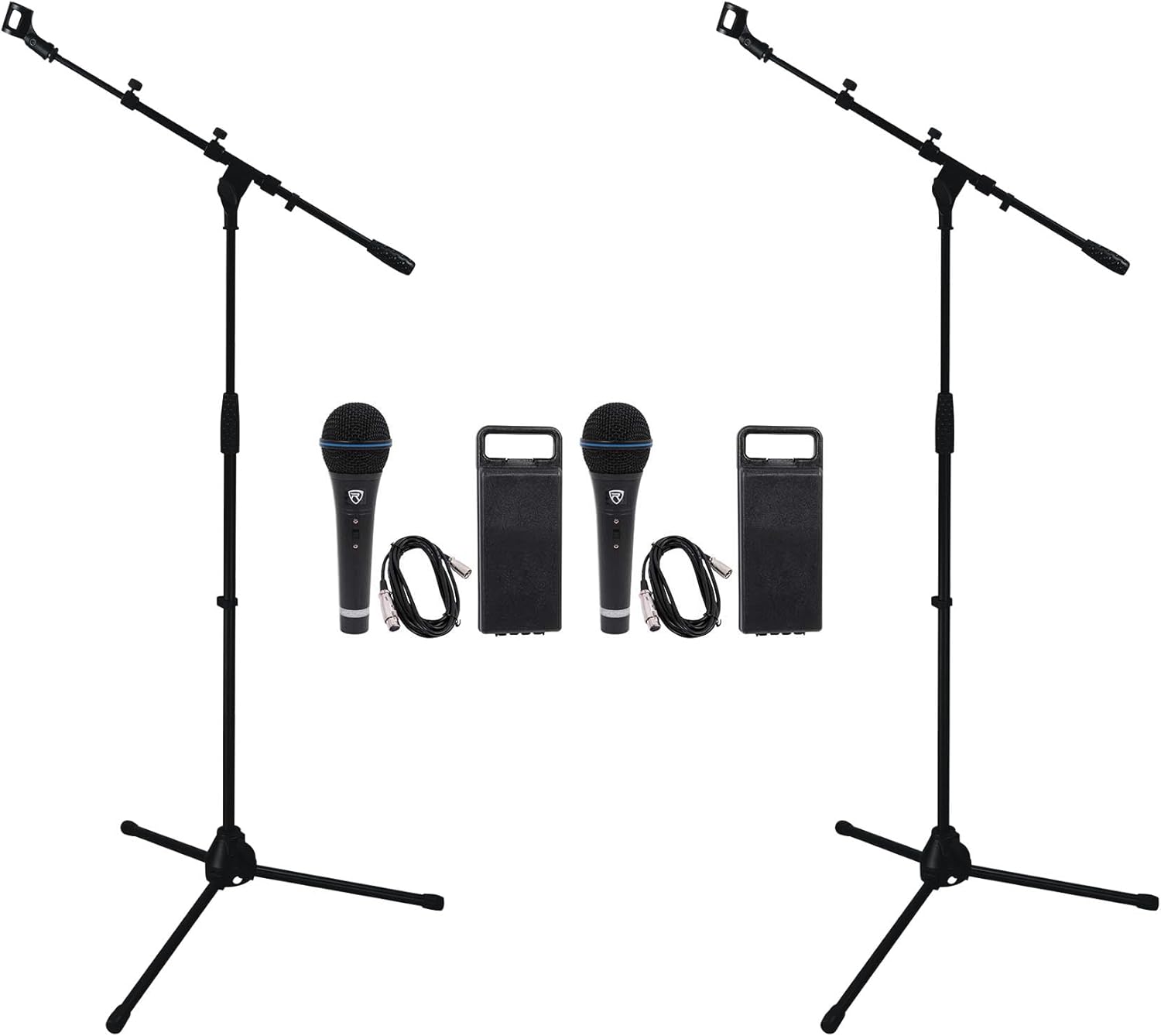 Rockville RMM-XLR Bundle: (2) Dynamic Cardioid Metal Microphones with 10' XLR Cables, (2) RVMIC1 V2 Pro Tripod Microphone Stands with Telescopic Boom, Metal Joints, 4-items