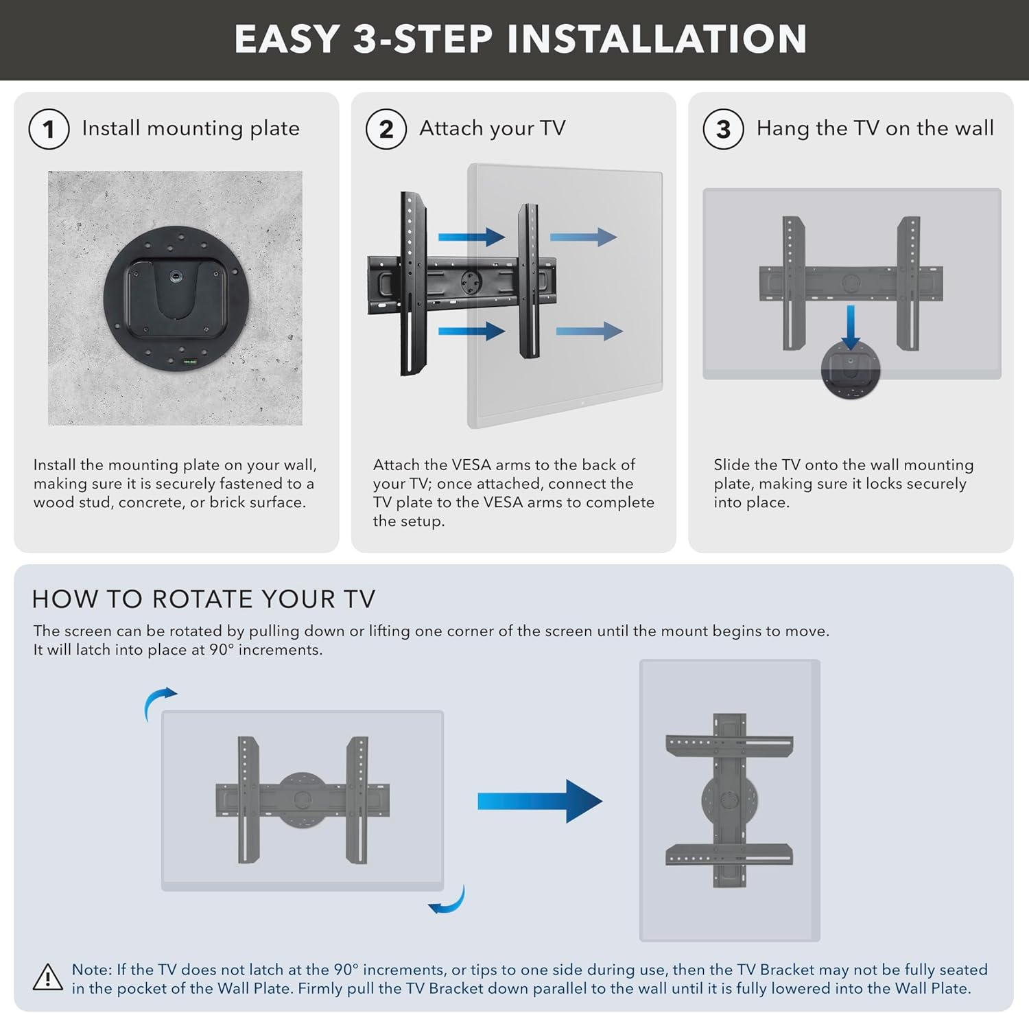Mount-It! TV Wall Mount Landscape to Portrait Rotation, Fixed Mounting Bracket, Low-Profile for Samsung, Sony, Toshiba, Sharp, LG, Element, Westinghouse, TCL 32 to 60 Inch (Some 70