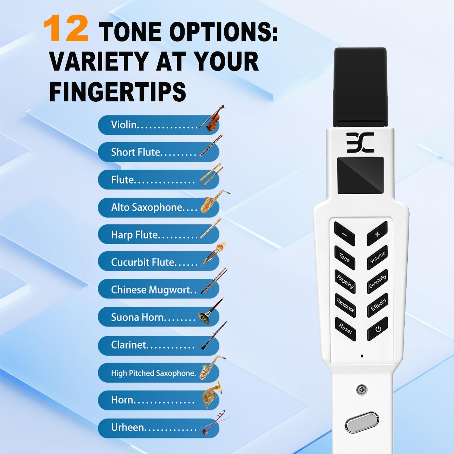 EX Electric Digital Wind Instrument, Electric Saxophone, with 12 Tones, 3 Fingering Modes, 3-Octave Range, Auto Vibrato & Transpose, Bluetooth MIDI & Rechargeable, White