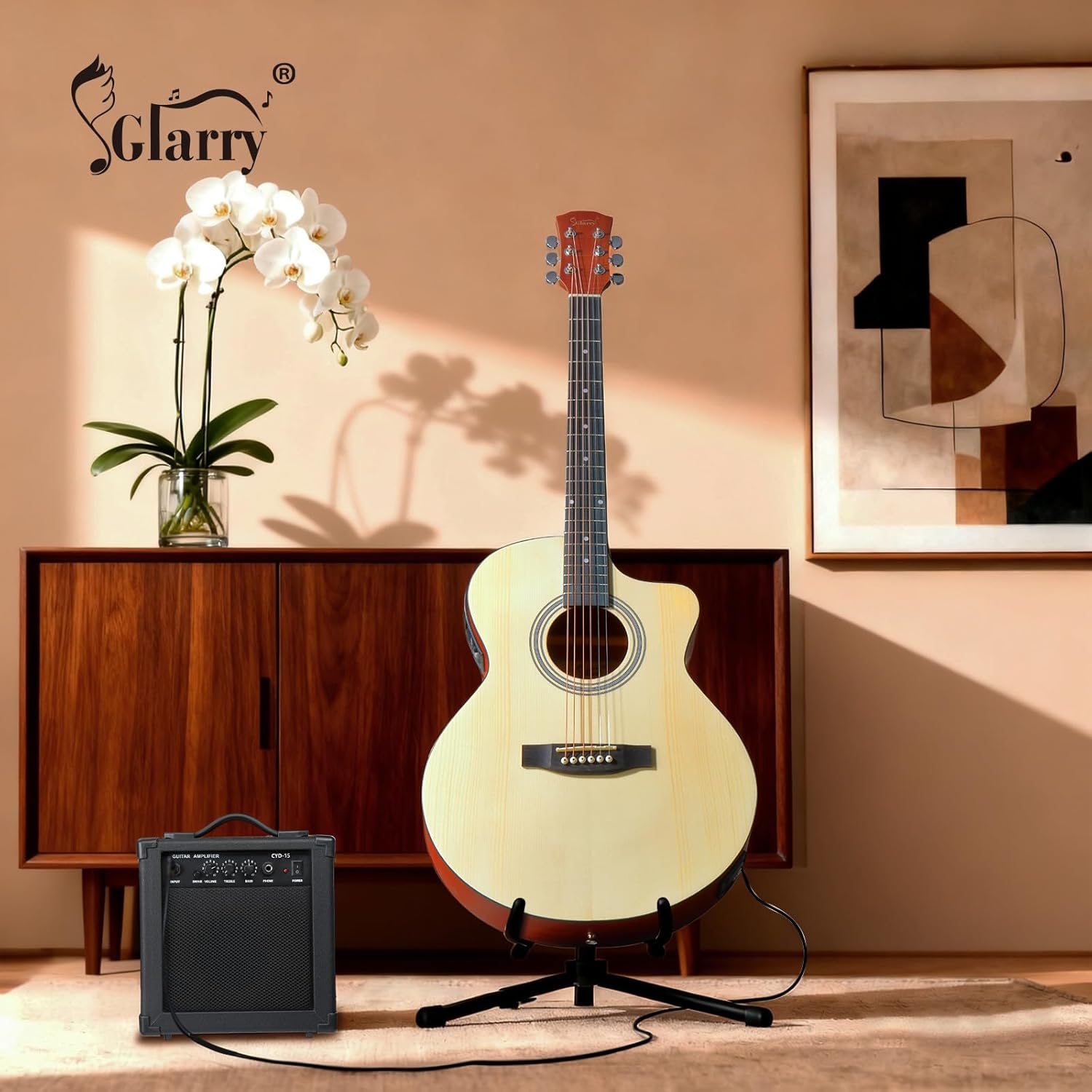 GLARRY 41in Full Size Acoustic Electric Guitar Beginner Kit with 15W Amp, 5-band EQ Cutway Design 6 Strings Electric Acoustic Guitar with Bag, Strap, Picks, Strings, Wrench (Natrual)