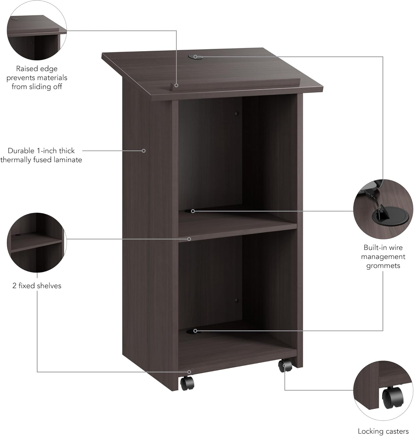 Bush Business Furniture Podium Lectern, 48 inch Tall, Professional-Grade Mobile Presentation Stand Up with Shelves, Envision Collection, Gray