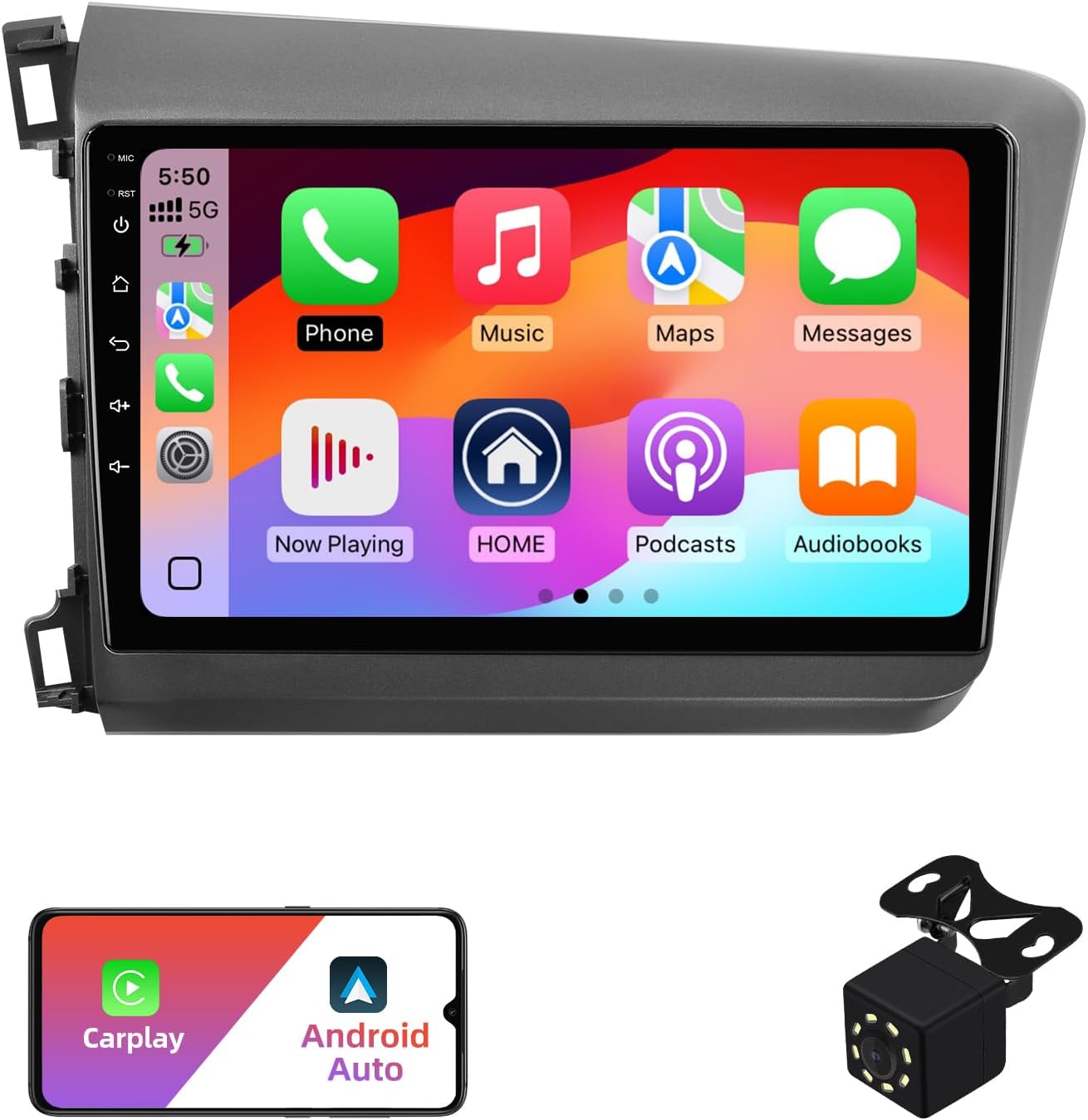 2+32G Android 12 Double Din Car Stereo for Honda Civic 2012-2015 with 9 Inch Touchscreen Radio Built-in Wireless Carplay/Android Auto/GPS/Bluetooth/FM/AUX-in/Steering Wheel Controls/Backup Camera