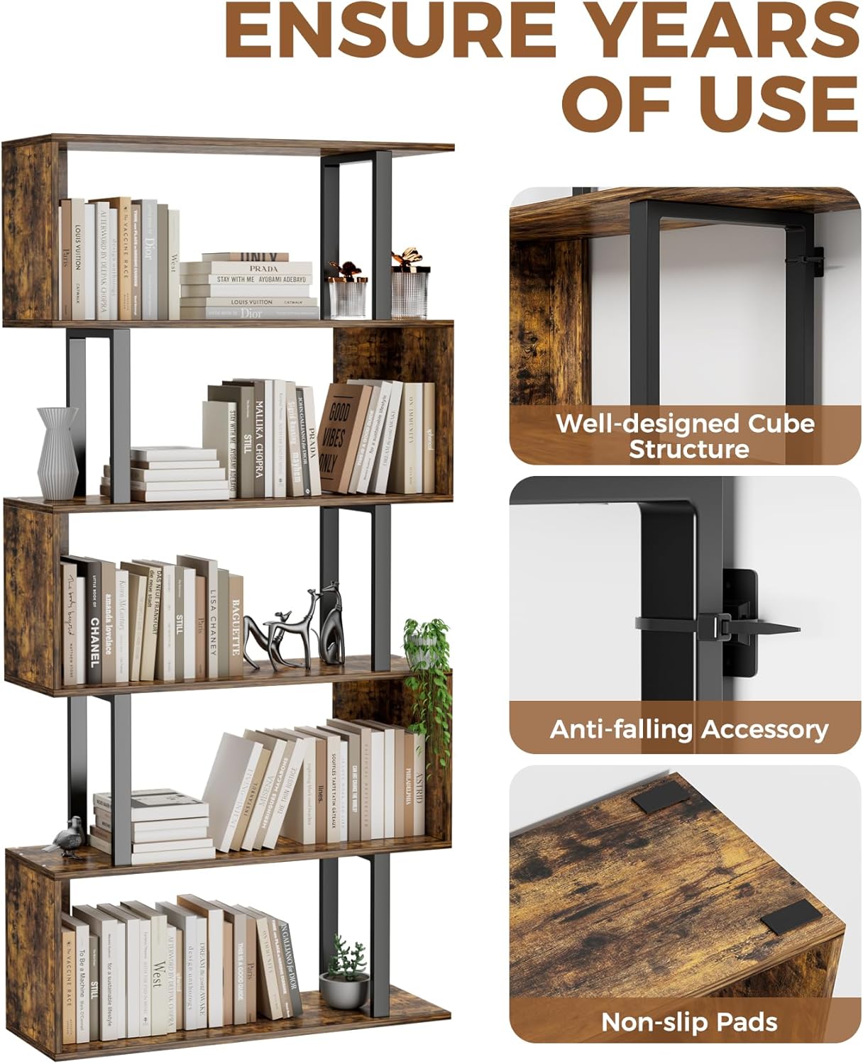 Gadroad 5-Tier Geometric Bookcase,S Shaped Bookshelf, Wood Decorative Storage Shelving, Modern Freestanding Display Shelves, Tall Book Shelf Unit for Living Room Bedroom, Rustic Brown