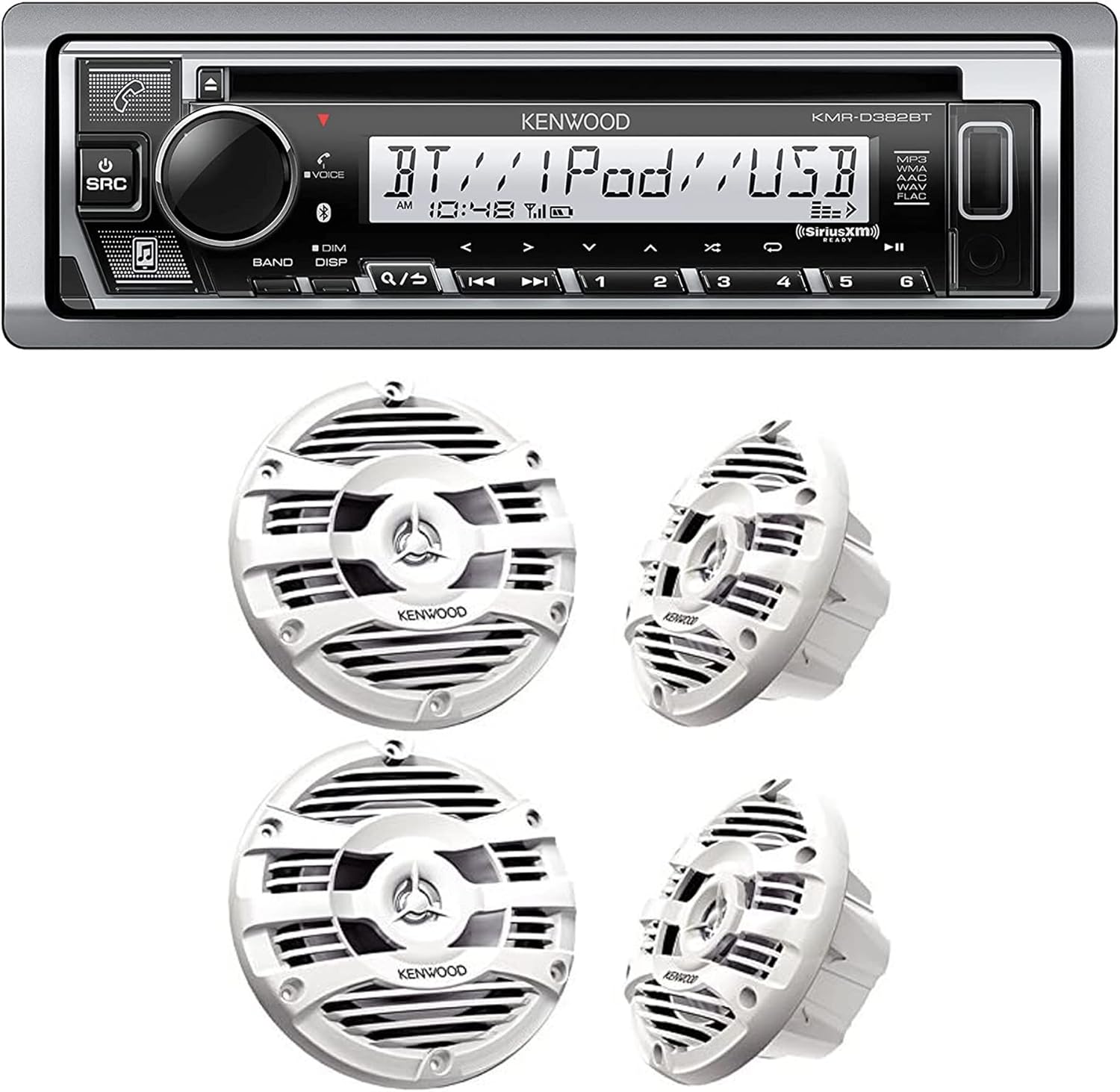 KENWOOD KMR-D382BT Car & Marine Stereo - Single Din, Bluetooth Audio, CD USB MP3, Aux in, AM FM Radio SiriusXM Ready, Weatherproof | Plus 2X Kenwood KFC-1653MRW 6.5