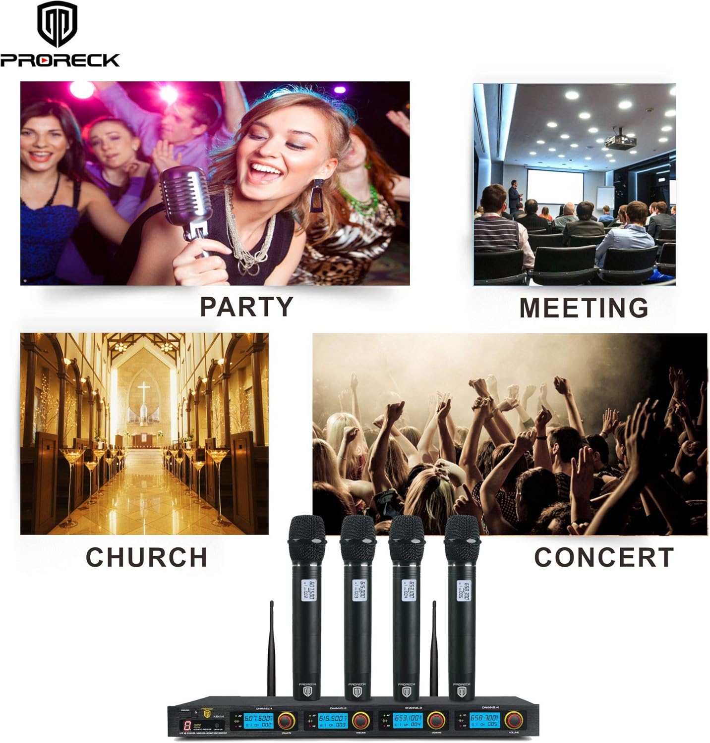 PRORECK MX44 4-Channel UHF Wireless Microphone System with 4 Hand-held Microphones Karaoke Machine for Party/Wedding/Church/Conference/Speech