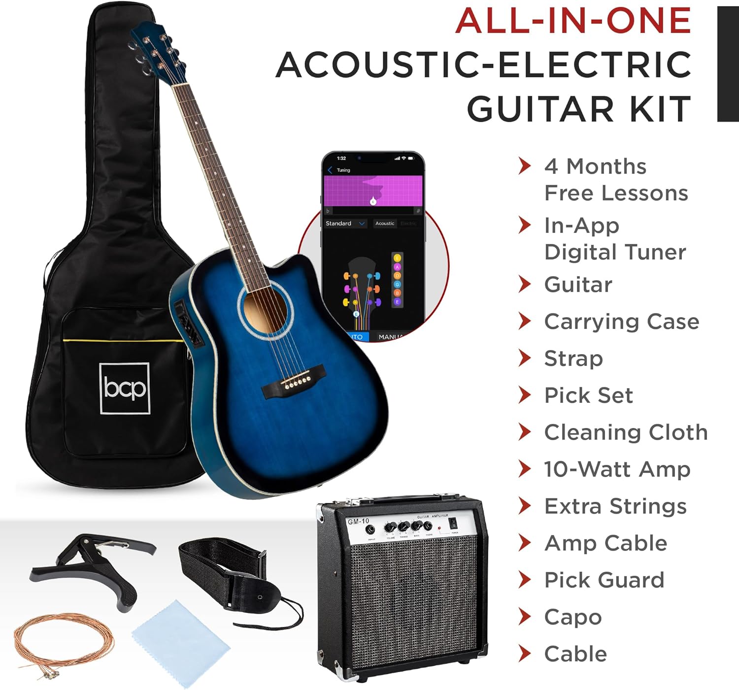 Best Choice Products Beginner Acoustic Electric Guitar Starter Set w/ 41in, All Wood Cutaway Design, Gig Bag, Strap, Picks - Blue