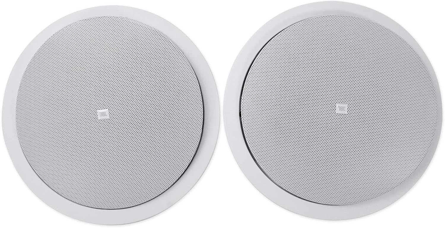 JBL Professional Control 26C 2-Way, 6.5” Round In-Ceiling Speaker with Metal Back-Can. 16 Ohm, 150 Watt. Sold as Pair. White, Paintable Grille.