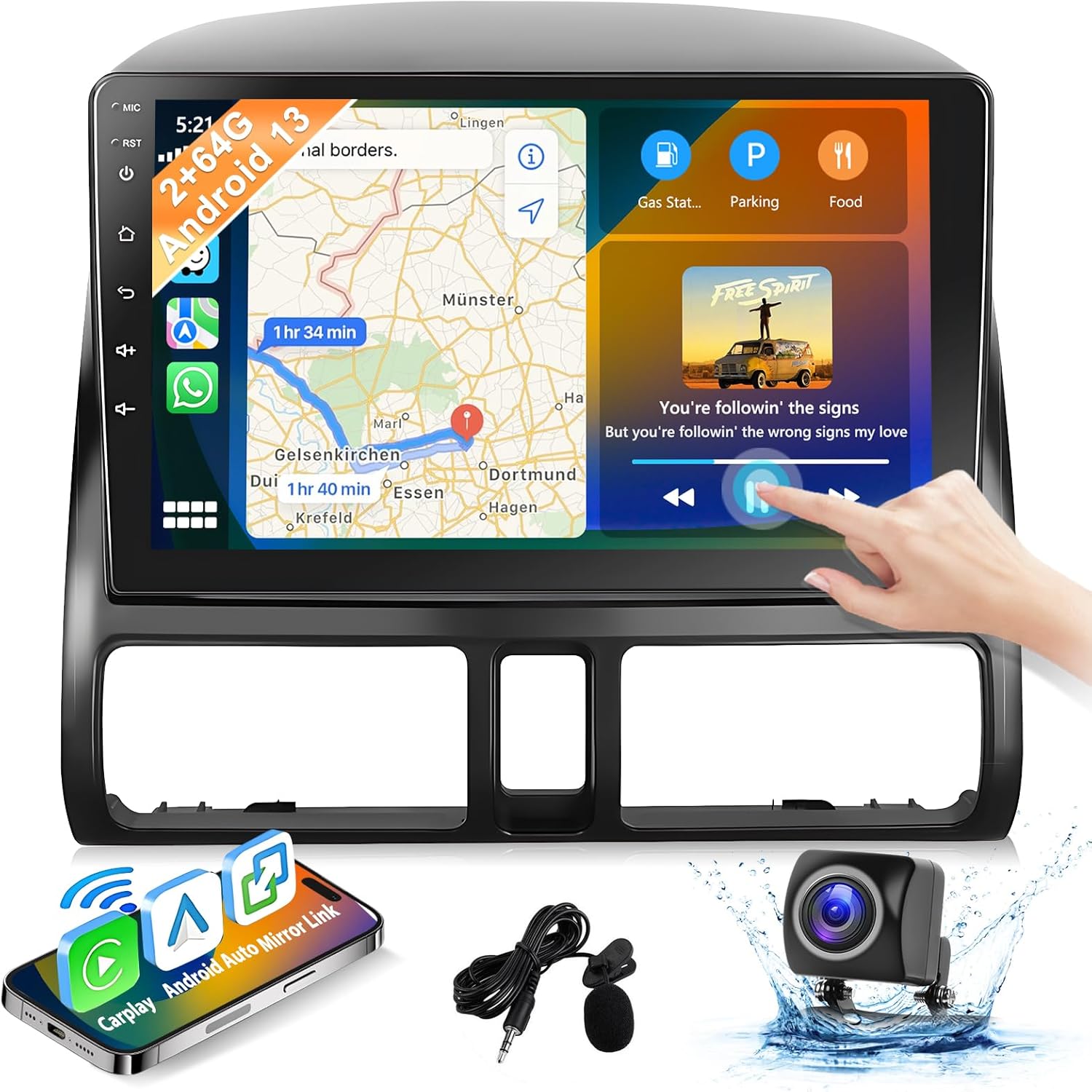 Podofo [2+64G] Wireless Apple Carplay Android Auto Car Stereo for Honda CRV 2002-2006,9 Inch Touchscreen Car Radio Receiver with Bluetooth/GPS Navigation/FM&RDS Radio/Mirror Link/SWC+Backup Camera