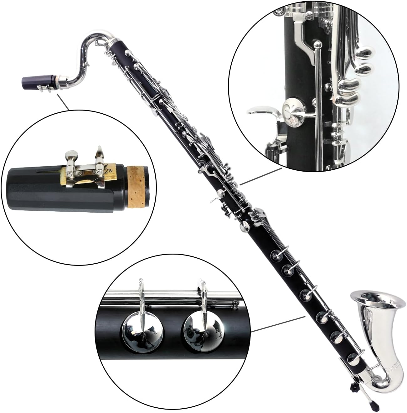 Professional Bass Clarinet Low C Bb Key Clarinet with Case Nickel Plated keys Advance Easy blowing (Low C)