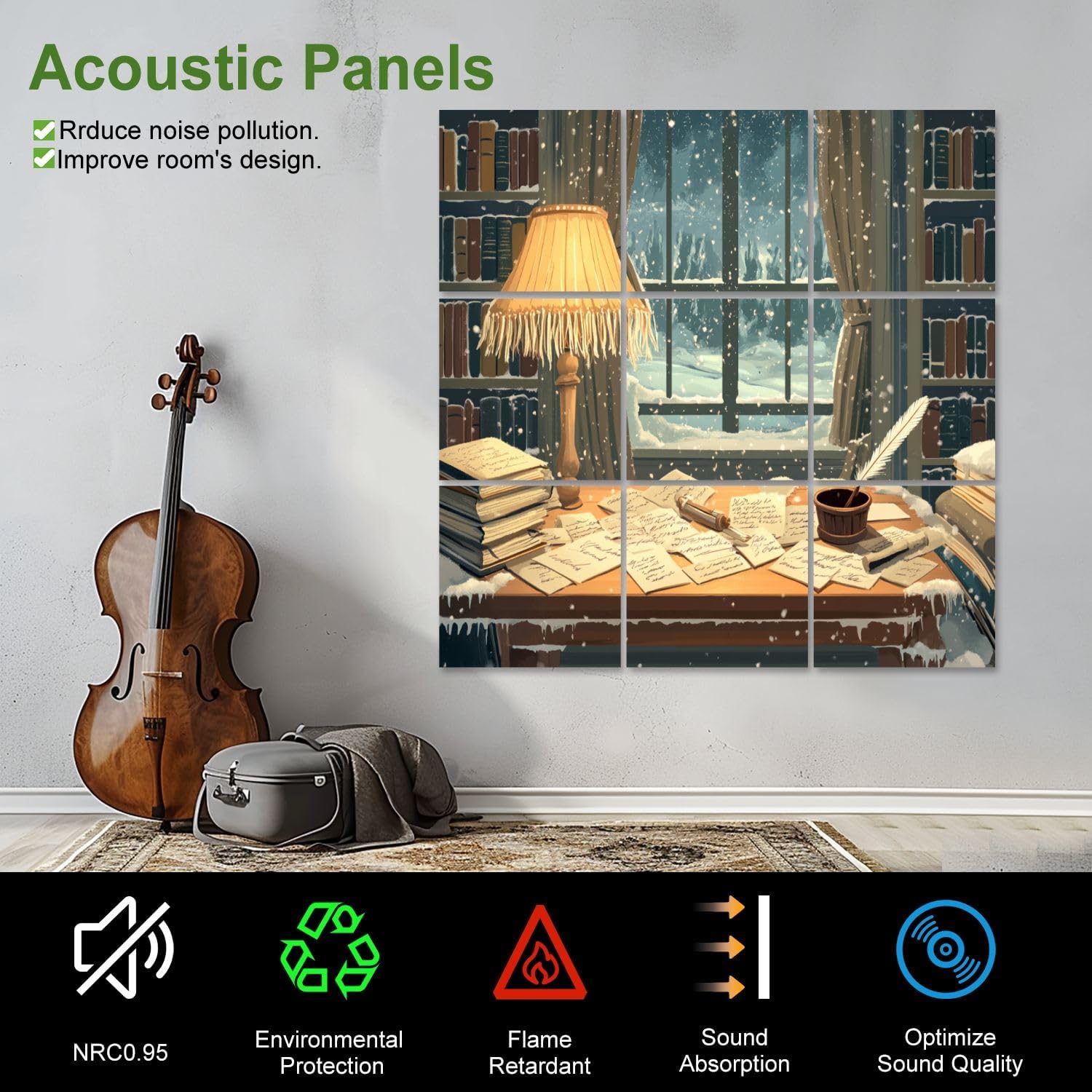 Art Acoustic Panels Self Adhesive Cozy Desk Old Letters Fringed Lamp Shade 9 Packs Decorative Soundproof Wall Panels Large Sound Absorbing Panels for Home Office 60